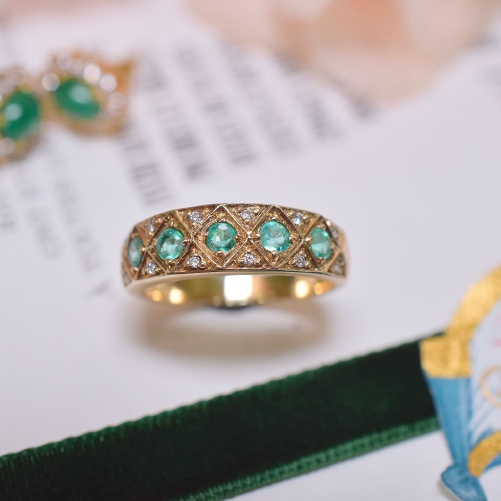 Contemporary 9ct Yellow Gold Emerald And Diamond Five Stone Ring