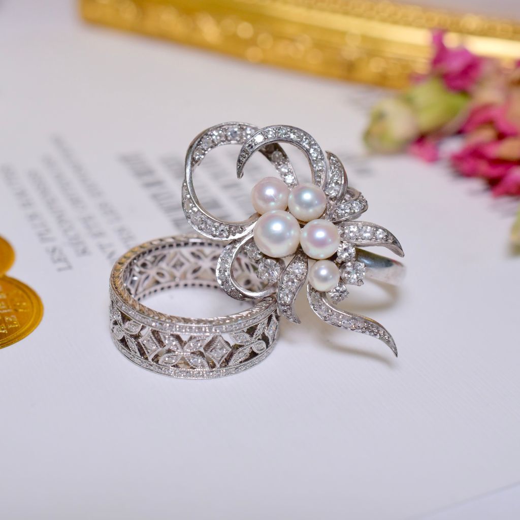 Vintage Retro Era 18ct (And 9ct) Diamond And Pearl Cocktail Ring Circa 1940’s