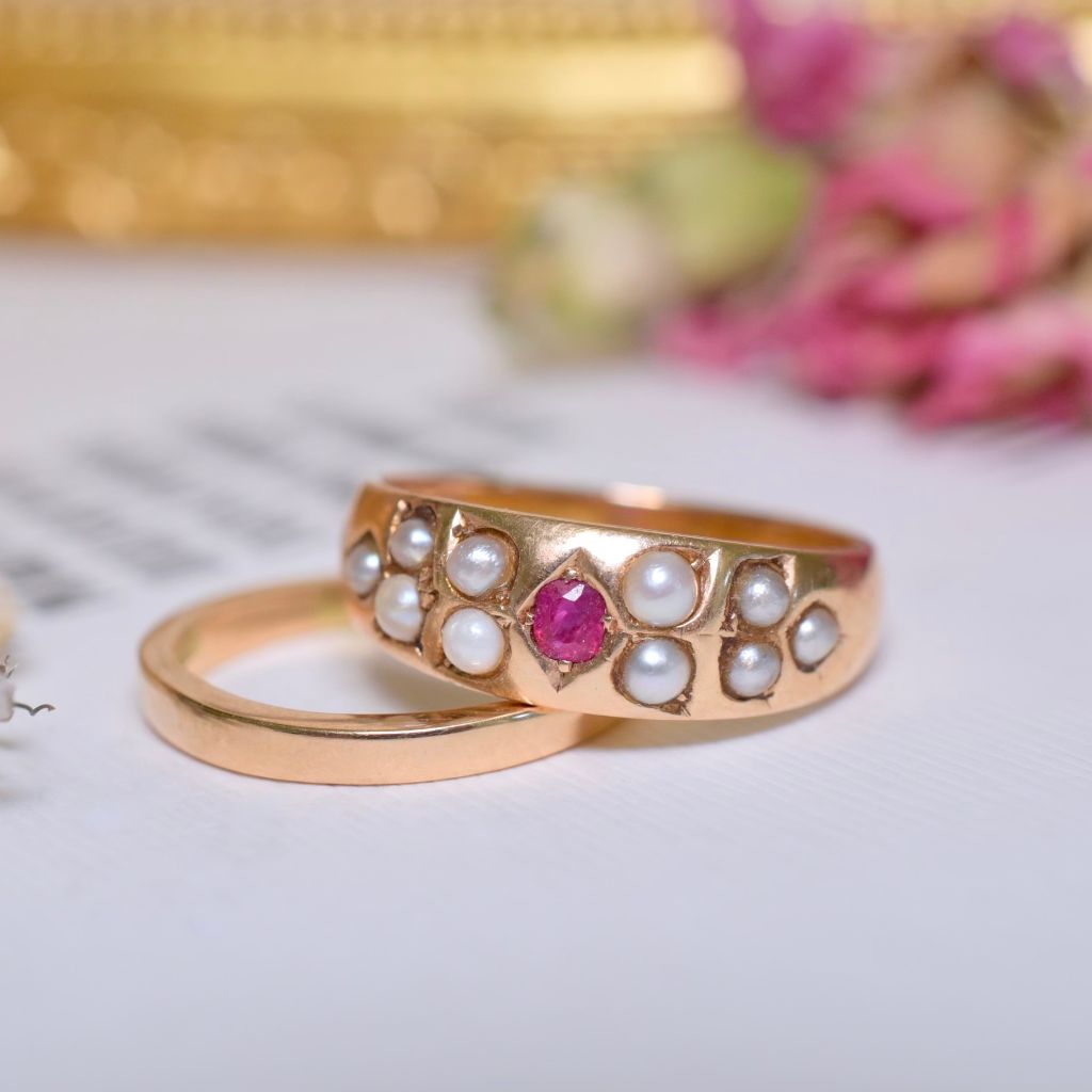 Antique Victorian 15ct Rose Gold Ruby And Seed Pearl Ring - 1883