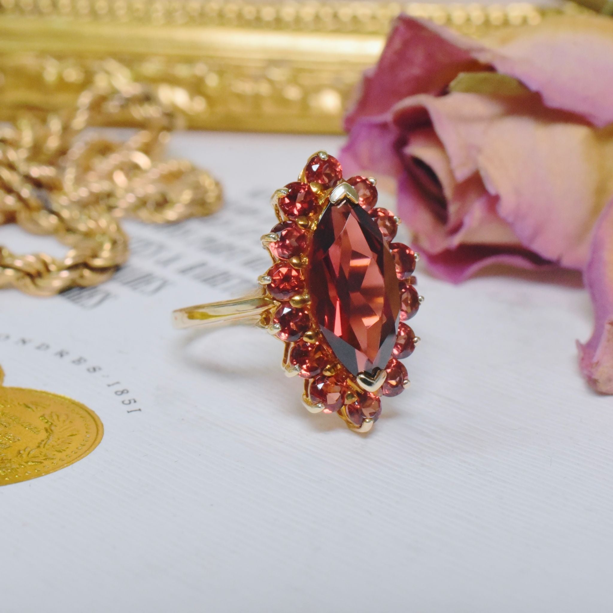 Modern 9ct Yellow Gold Marquise Garnet Cluster Ring - Sheffield UK