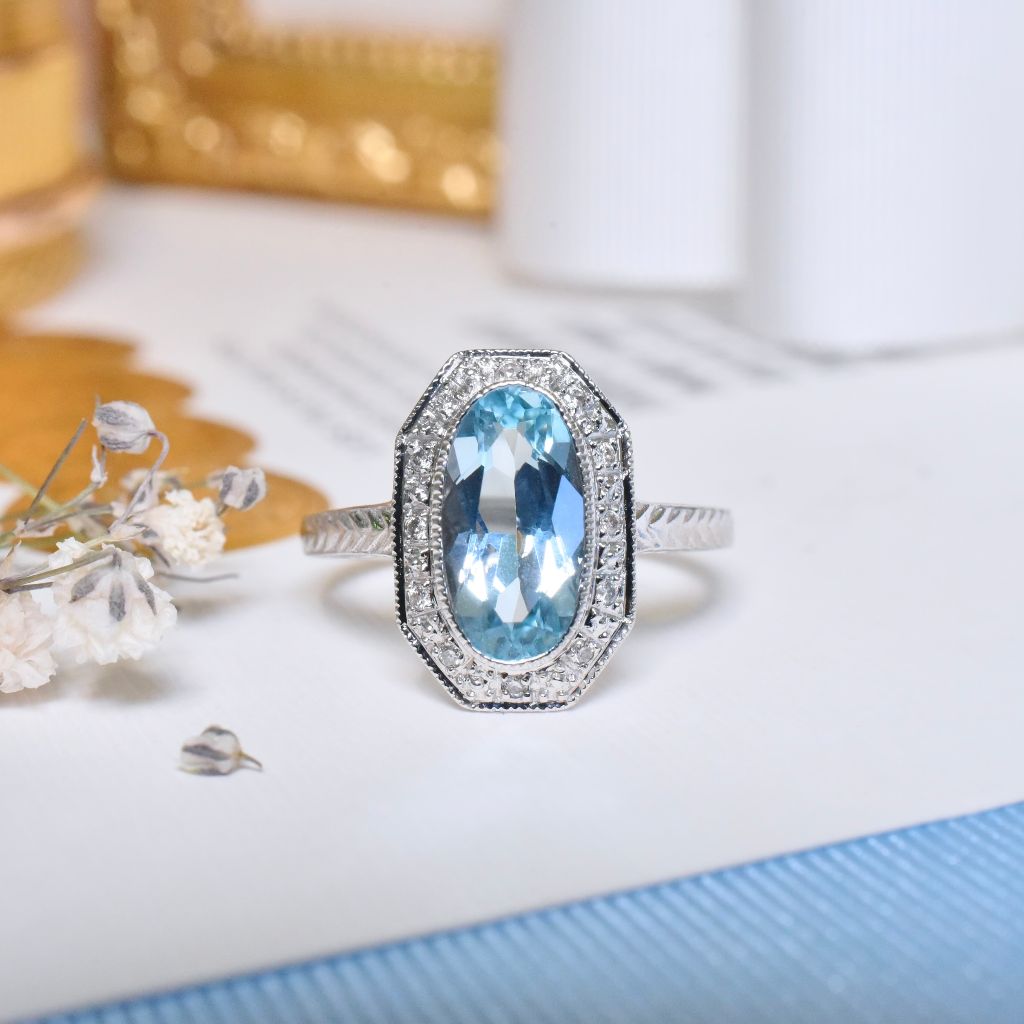 Modern 9ct White Gold Art Deco Style Blue Topaz And Diamond Ring