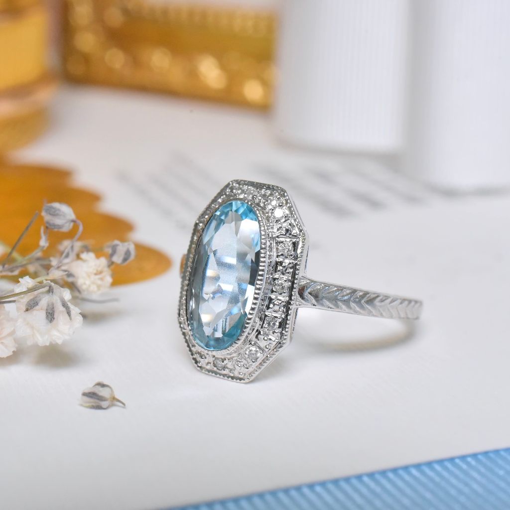 Modern 9ct White Gold Art Deco Style Blue Topaz And Diamond Ring