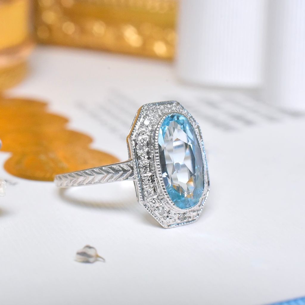 Modern 9ct White Gold Art Deco Style Blue Topaz And Diamond Ring