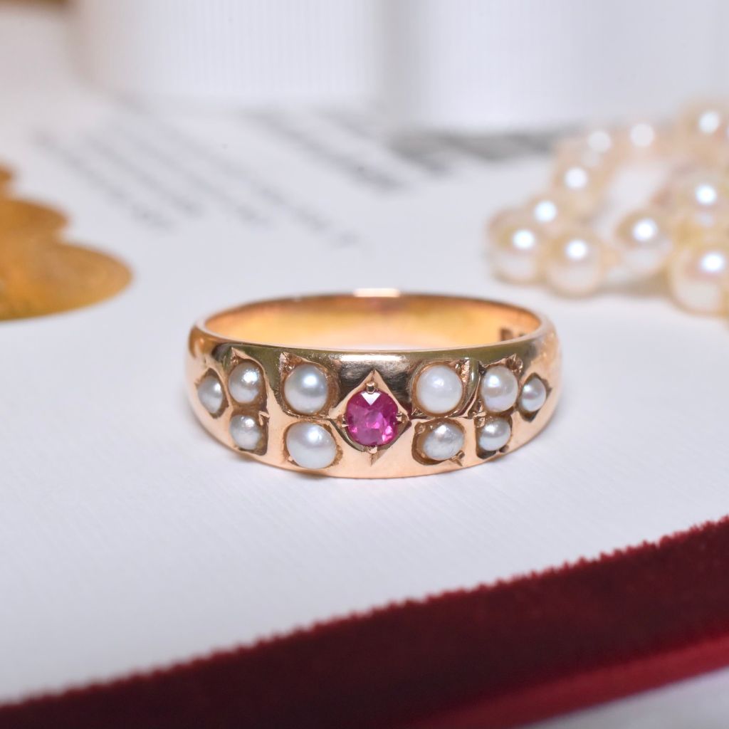 Antique Victorian 15ct Rose Gold Ruby And Seed Pearl Ring - 1883