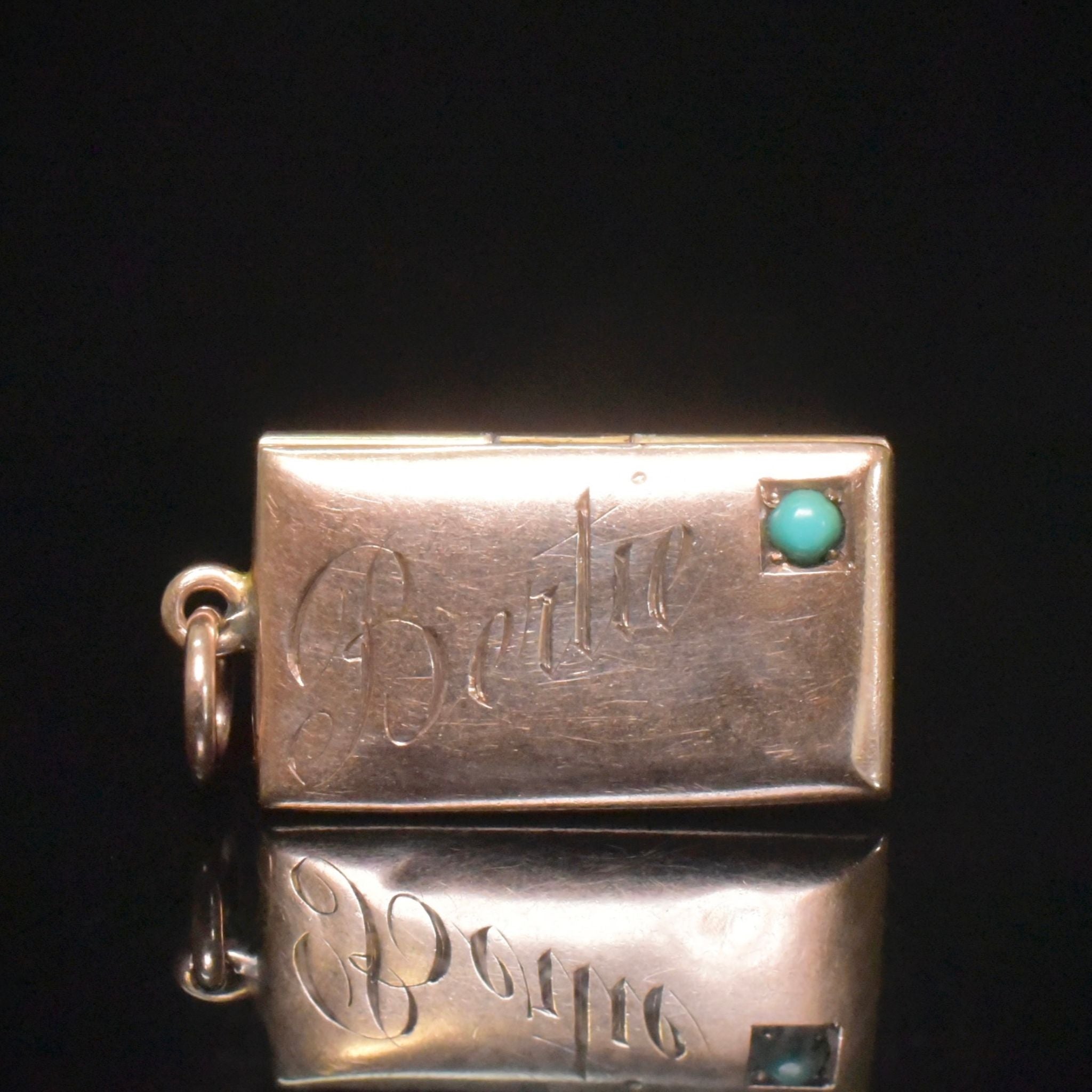 Antique Victorian 9ct Rose Gold And Turquoise Envelope Pendant/Charm - Birmingham 1900