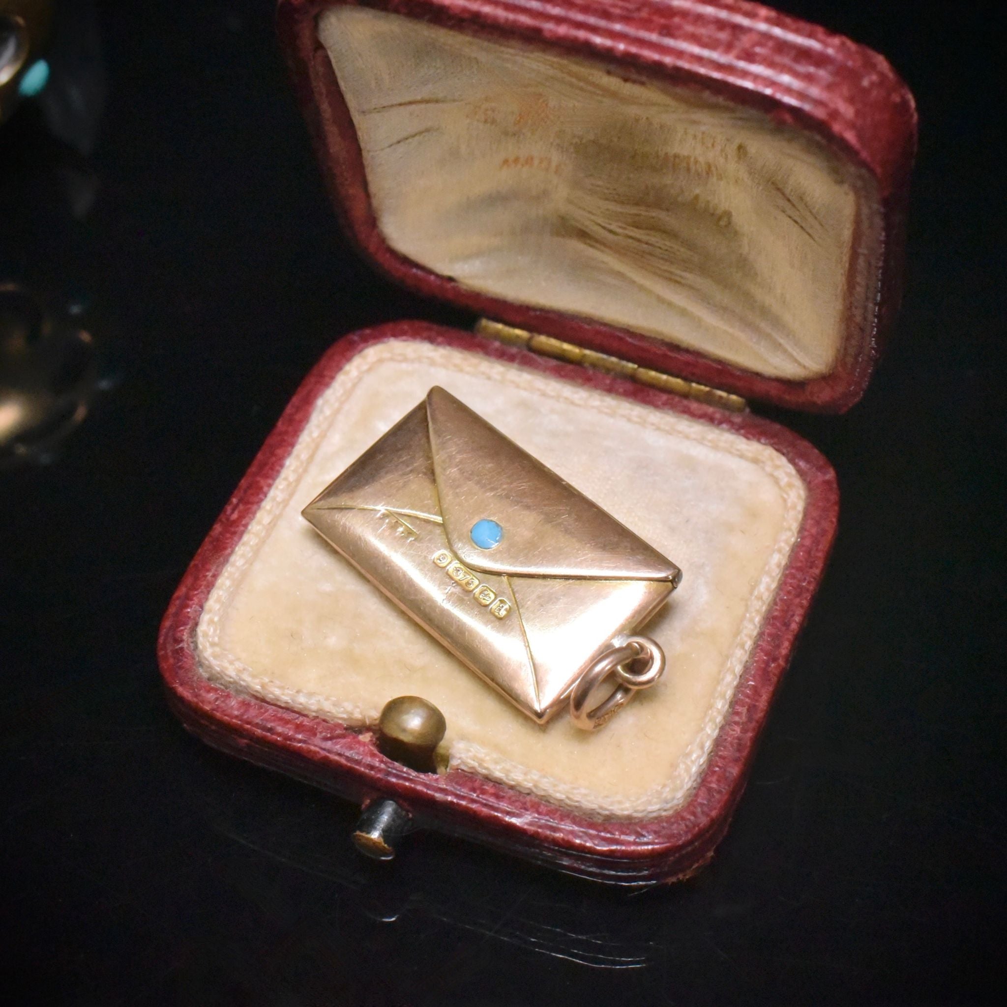 Antique Victorian 9ct Rose Gold And Turquoise Envelope Pendant/Charm - Birmingham 1900