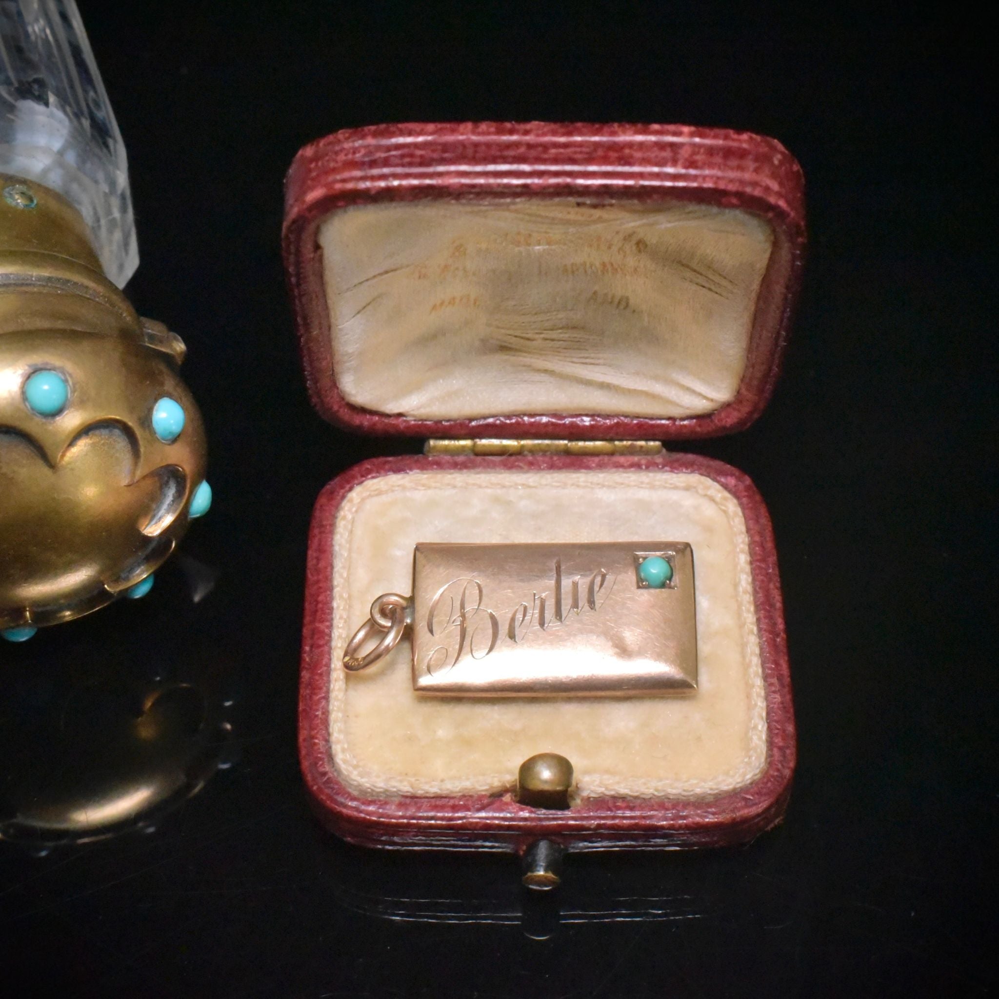 Antique Victorian 9ct Rose Gold And Turquoise Envelope Pendant/Charm - Birmingham 1900