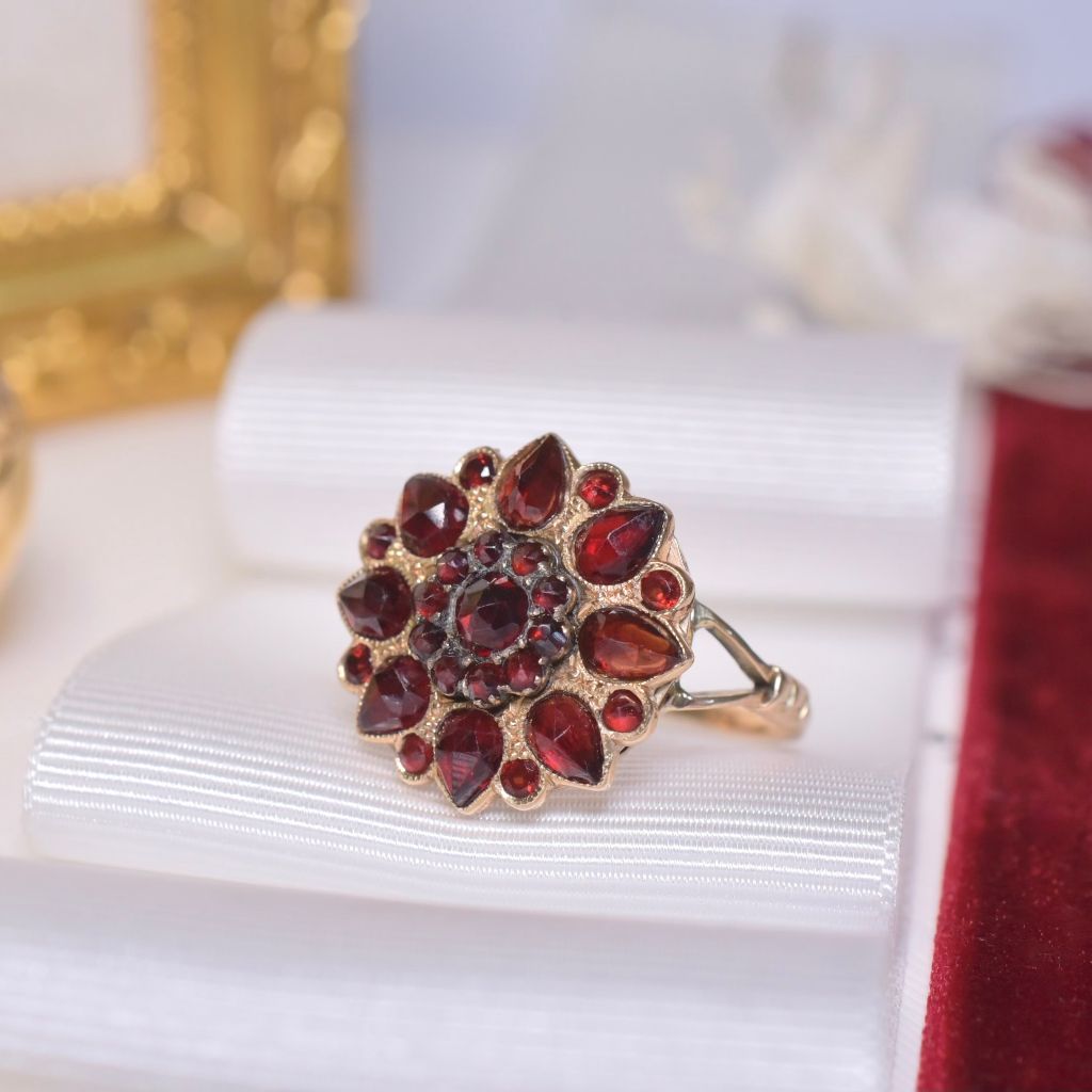 Antique 9ct Rose Gold Bohemian Garnet Flower Ring Circa 1920-30’s