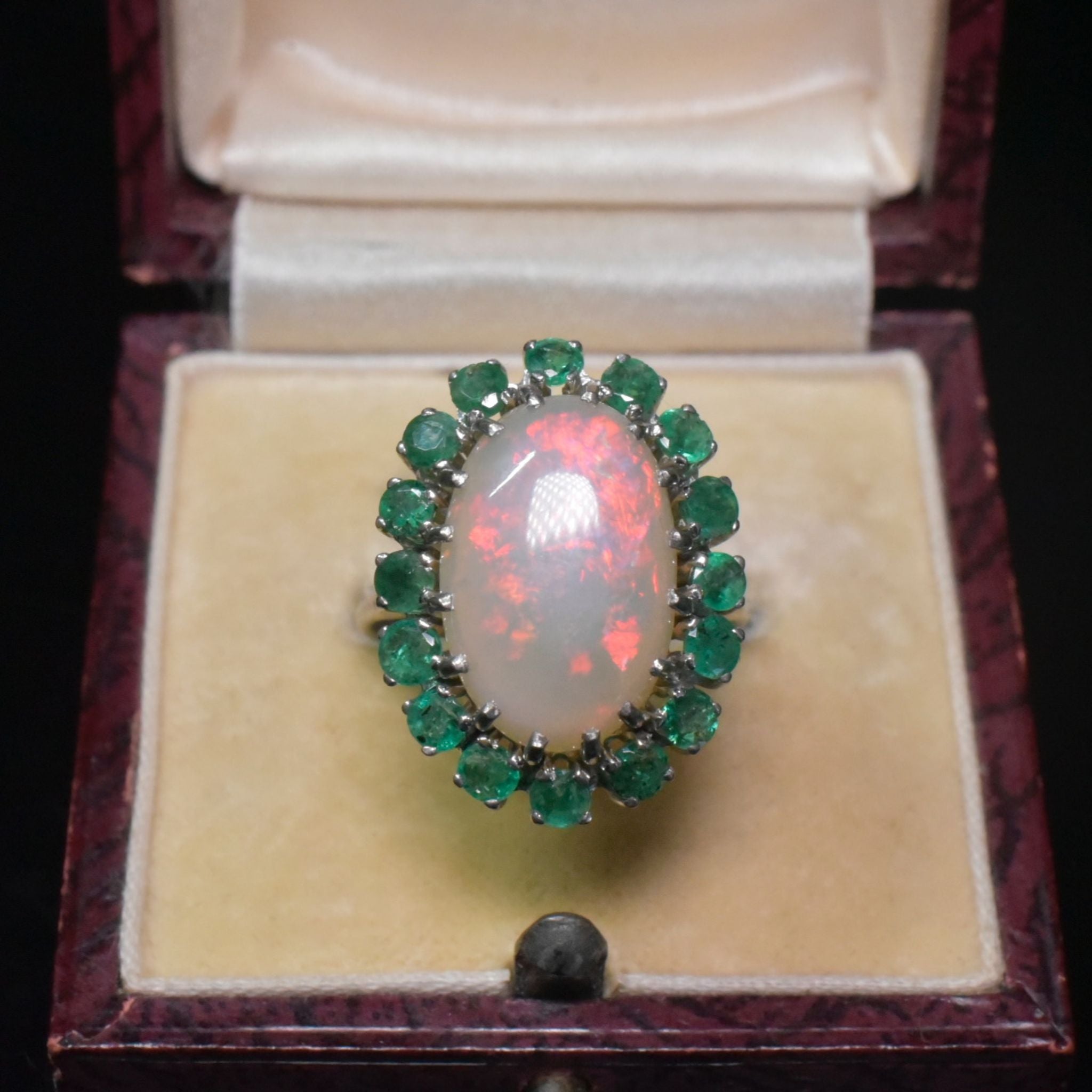 Vintage 9ct White Gold Opal And Emerald Halo Cluster Ring