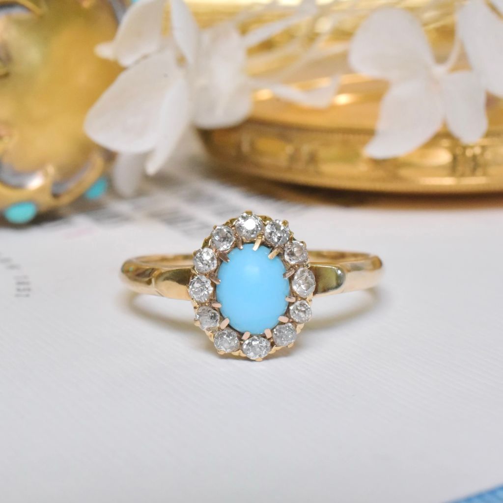 Antique Edwardian 15ct Yellow Gold Turquoise and Diamond Halo Ring Circa 1905-1915