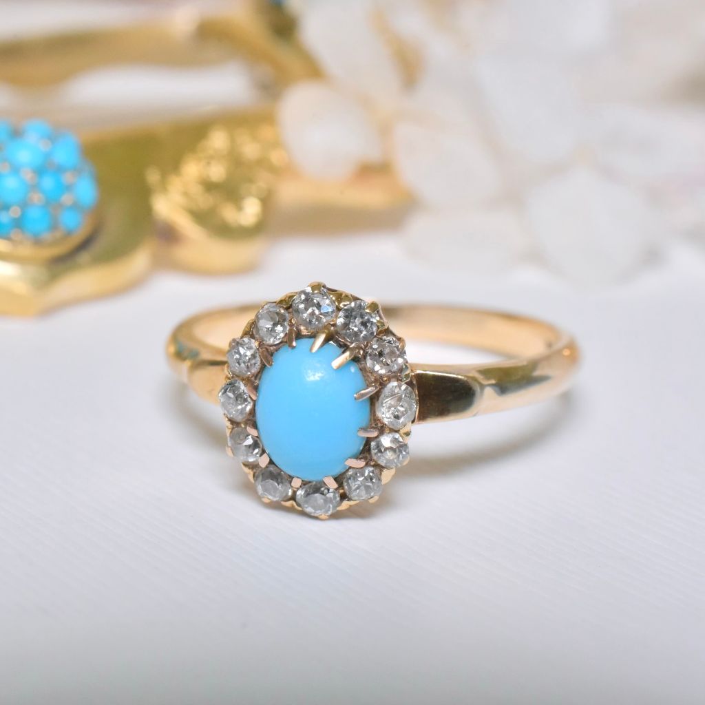 Antique Edwardian 15ct Yellow Gold Turquoise and Diamond Halo Ring Circa 1905-1915