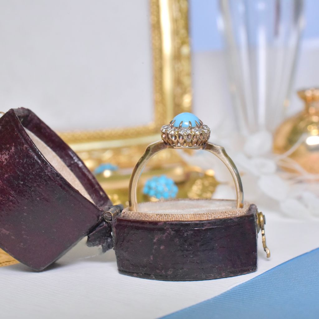 Antique Edwardian 15ct Yellow Gold Turquoise and Diamond Halo Ring Circa 1905-1915