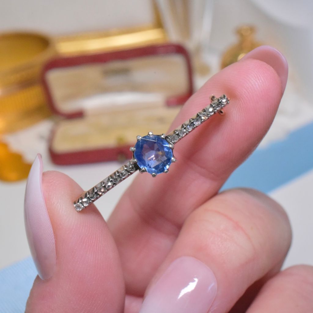 Antique Victorian 15ct Rose Gold Ceylon Sapphire And Rose-Cut Diamond Brooch Circa 1880-1890