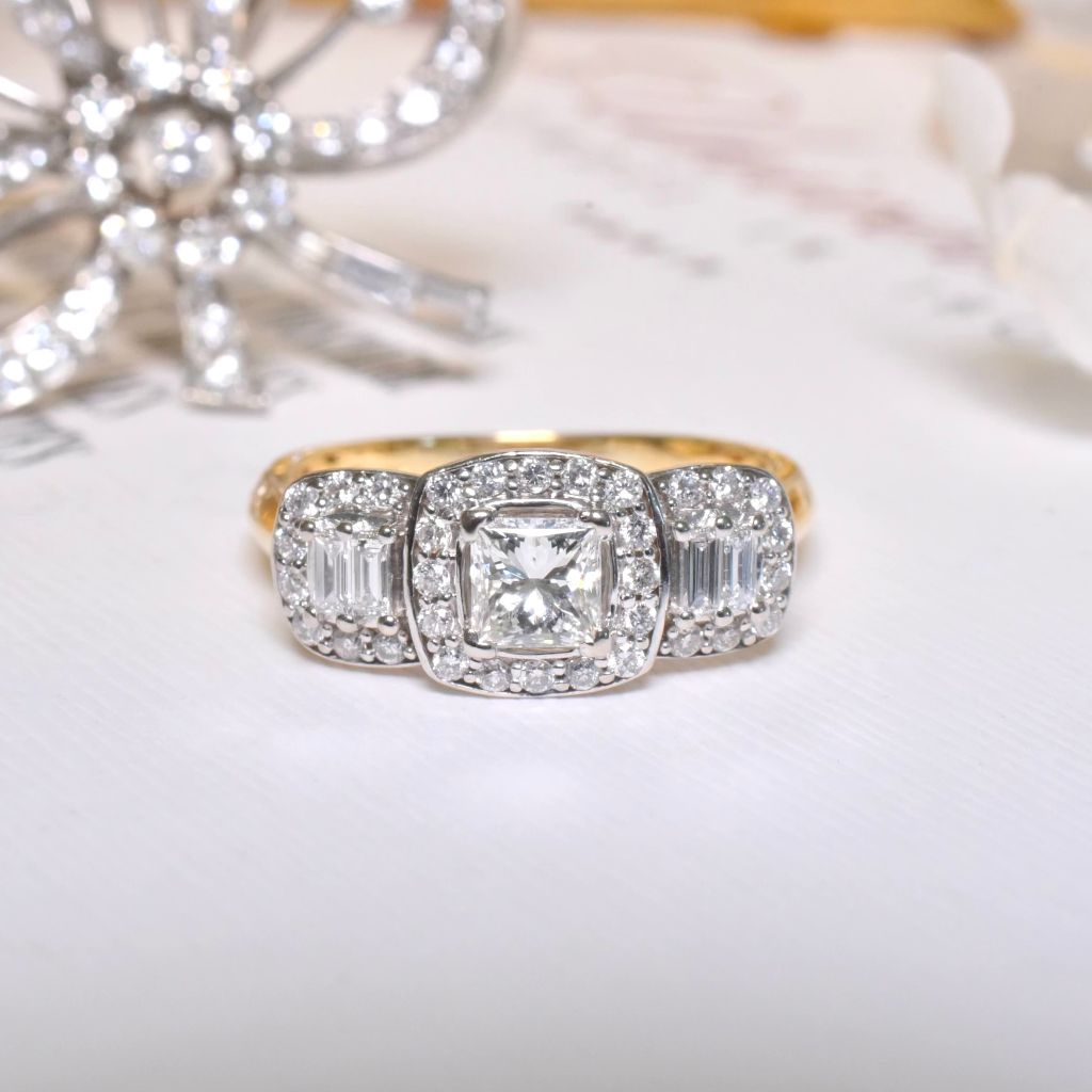 Superb Contemporary 18ct Yellow Gold Princess Cut, Baguette And Brilliant-Cut Diamond Ring 0.74ct