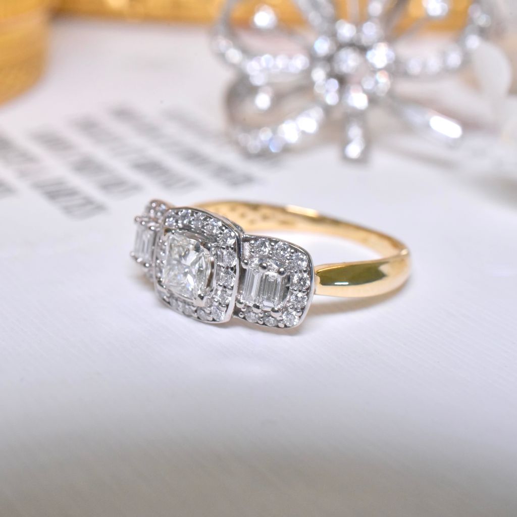 Superb Contemporary 18ct Yellow Gold Princess Cut, Baguette And Brilliant-Cut Diamond Ring 0.74ct