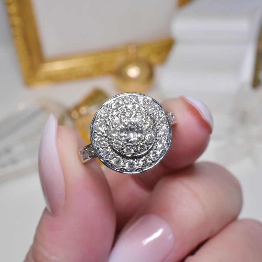 Vintage Estate 18ct White Gold And Diamond Target/Halo Cluster Ring - 1.40ct