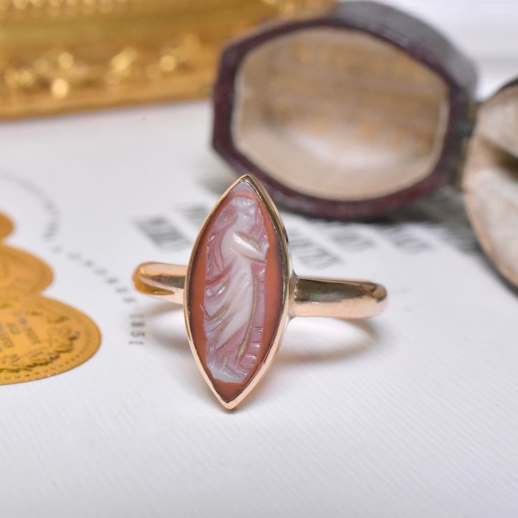 Antique Australian 15ct Rose Gold Sardonyx Cameo Navette Ring Circa 1900’s