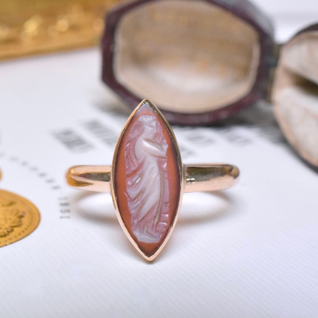 Antique Australian 15ct Rose Gold Sardonyx Cameo Navette Ring Circa 1900’s