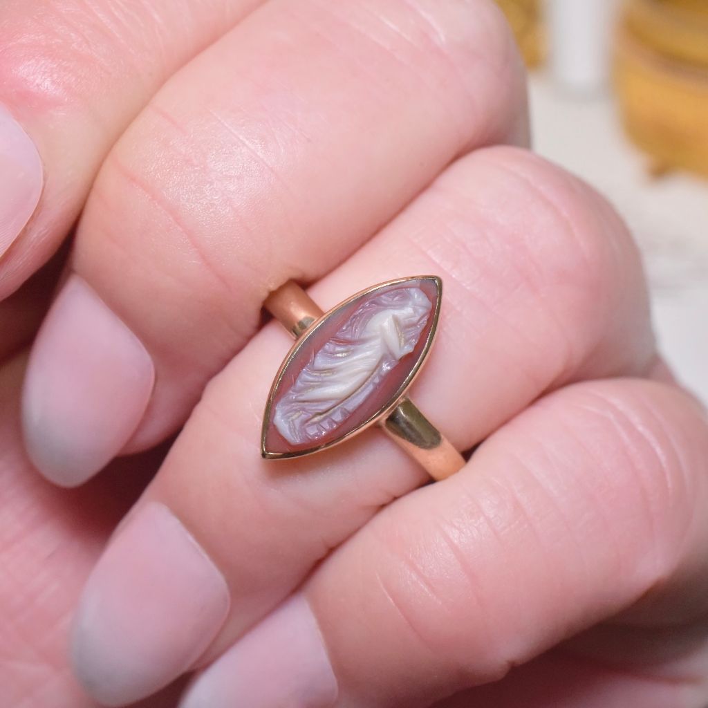 Antique Australian 15ct Rose Gold Sardonyx Cameo Navette Ring Circa 1900’s