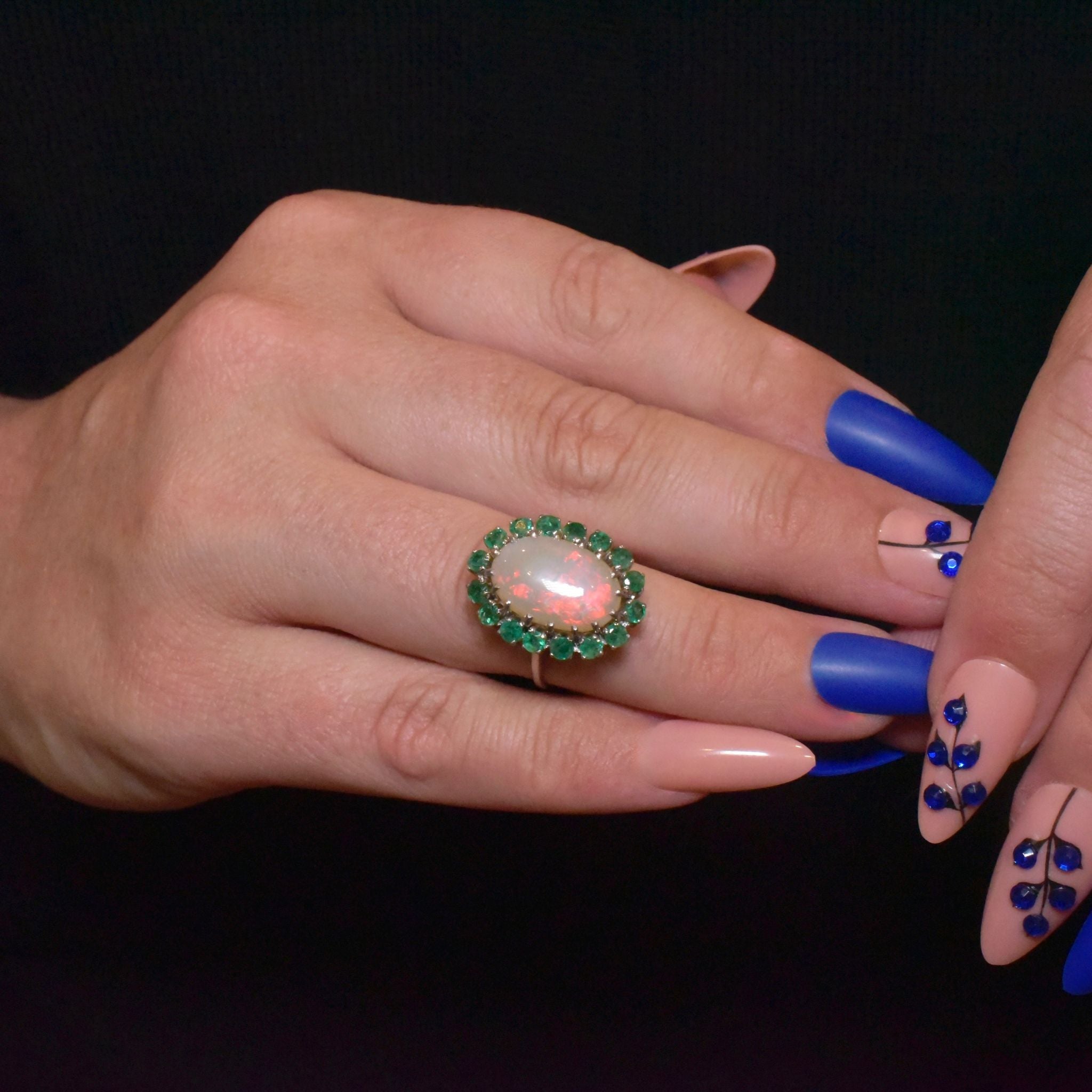 Vintage 9ct White Gold Opal And Emerald Halo Cluster Ring