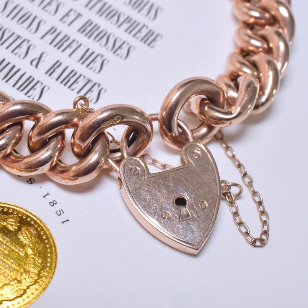 Antique Edwardian Australian 9ct Rose Gold Heart Padlock Curblink Bracelet By Willis And Sons Circa 1910