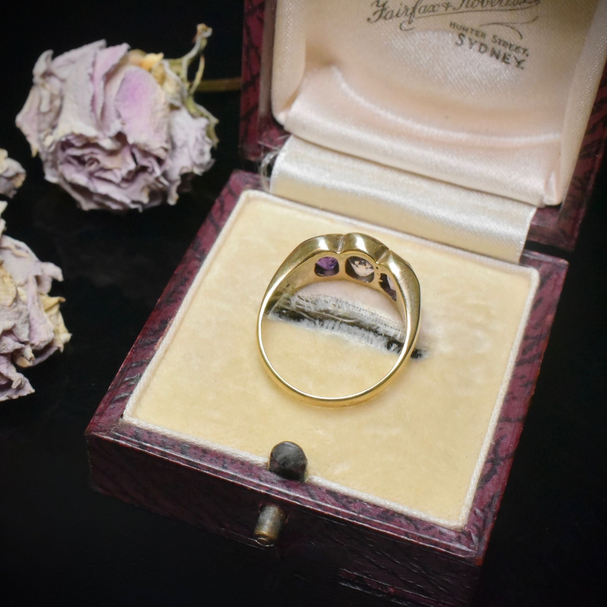 Vintage 9ct Yellow Gold Amethyst Trilogy Ring