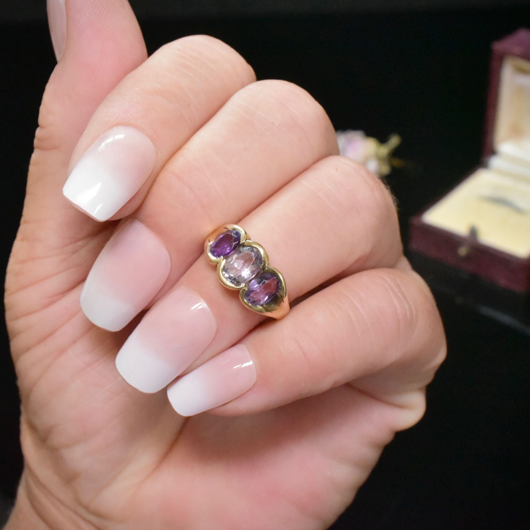 Vintage 9ct Yellow Gold Amethyst Trilogy Ring