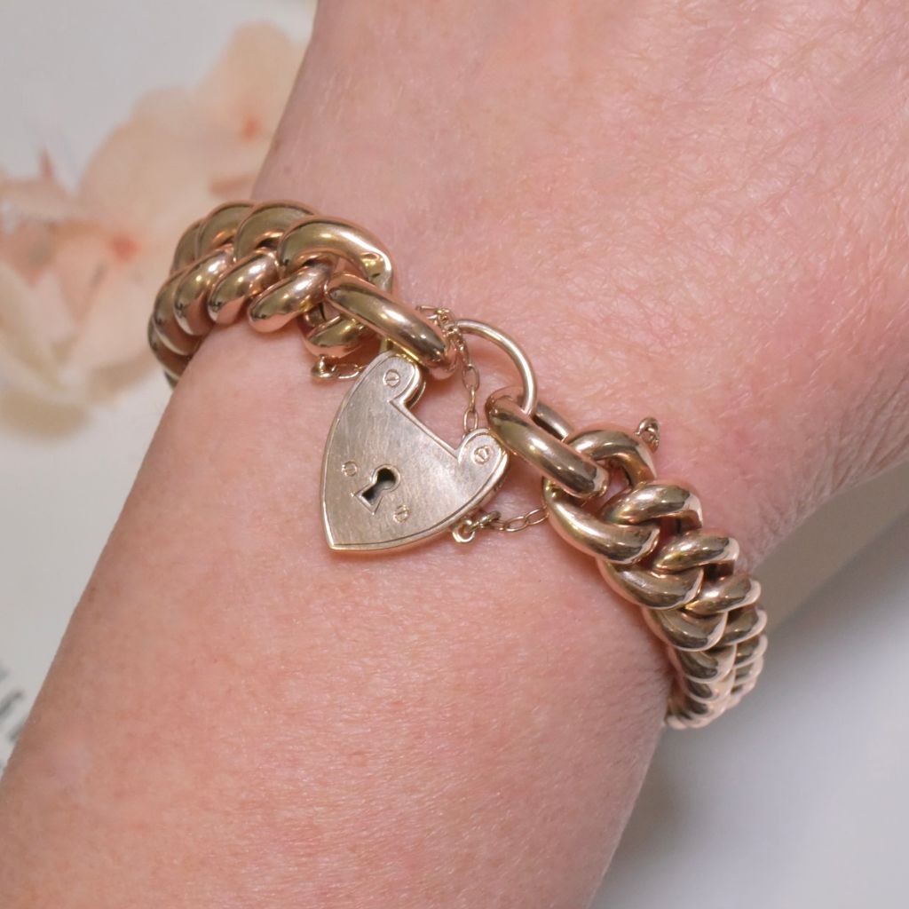 Antique Edwardian Australian 9ct Rose Gold Heart Padlock Curblink Bracelet By Willis And Sons Circa 1910