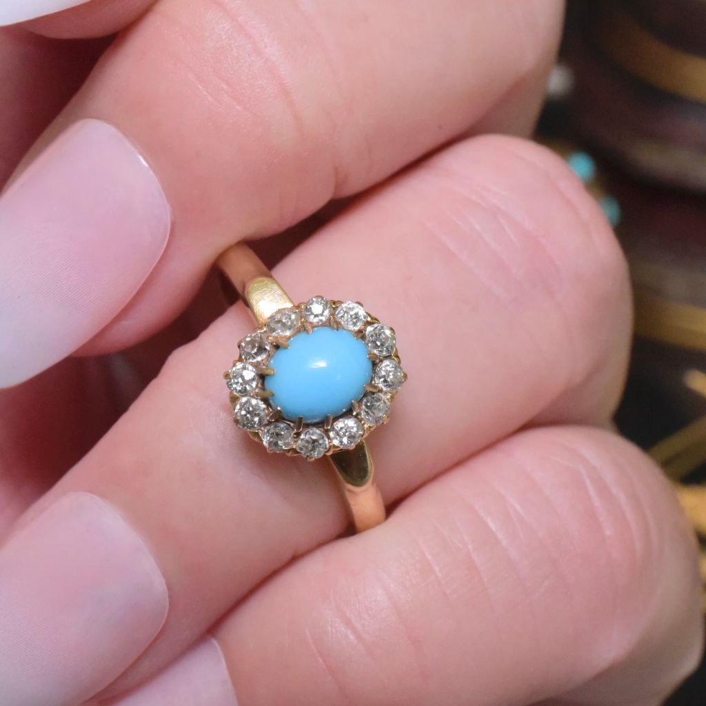 Antique Edwardian 15ct Yellow Gold Turquoise and Diamond Halo Ring Circa 1905-1915