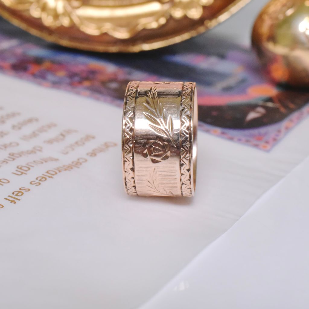 Vintage 9ct Rose Gold Cigar Band Style Floral Patterned Ring