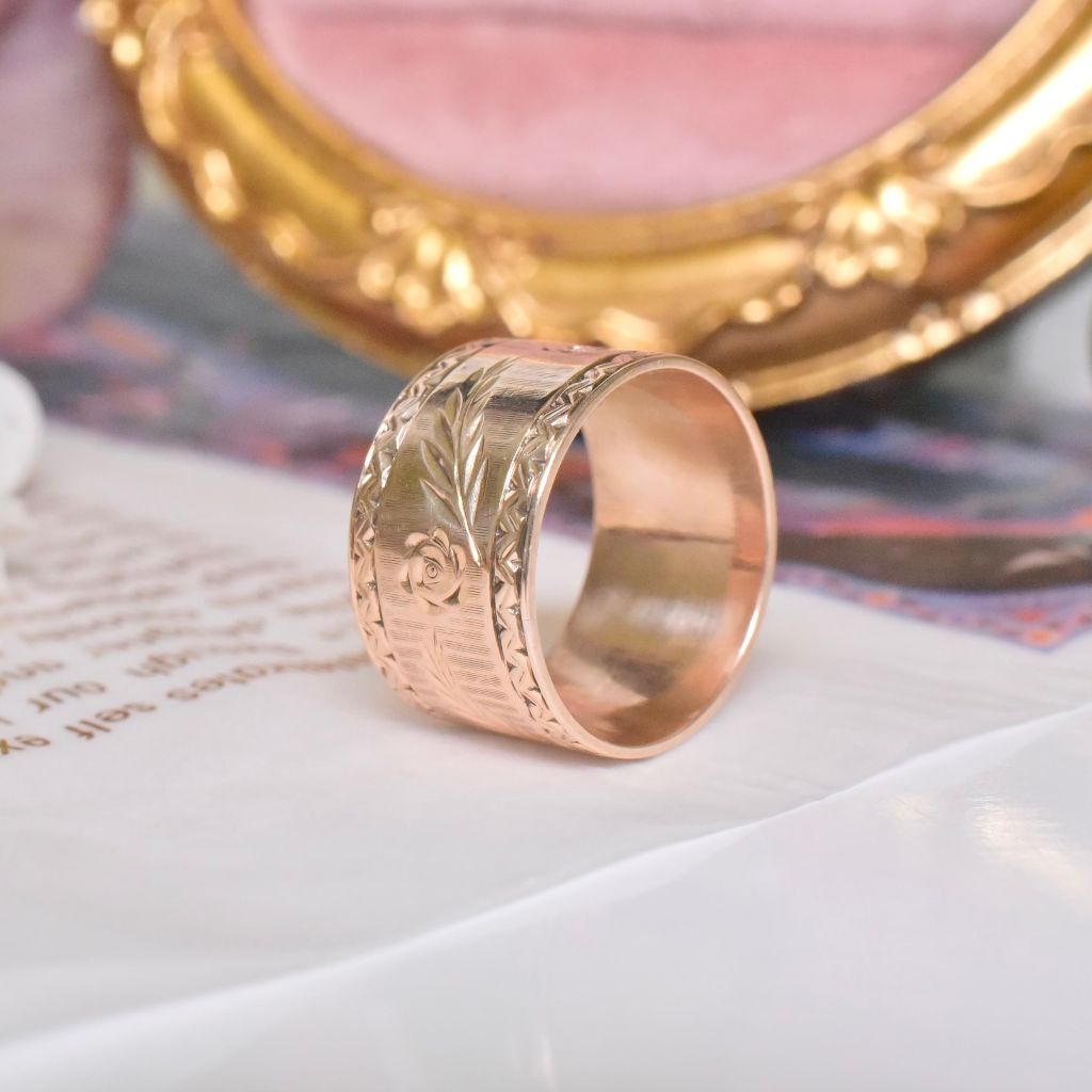 Vintage 9ct Rose Gold Cigar Band Style Floral Patterned Ring