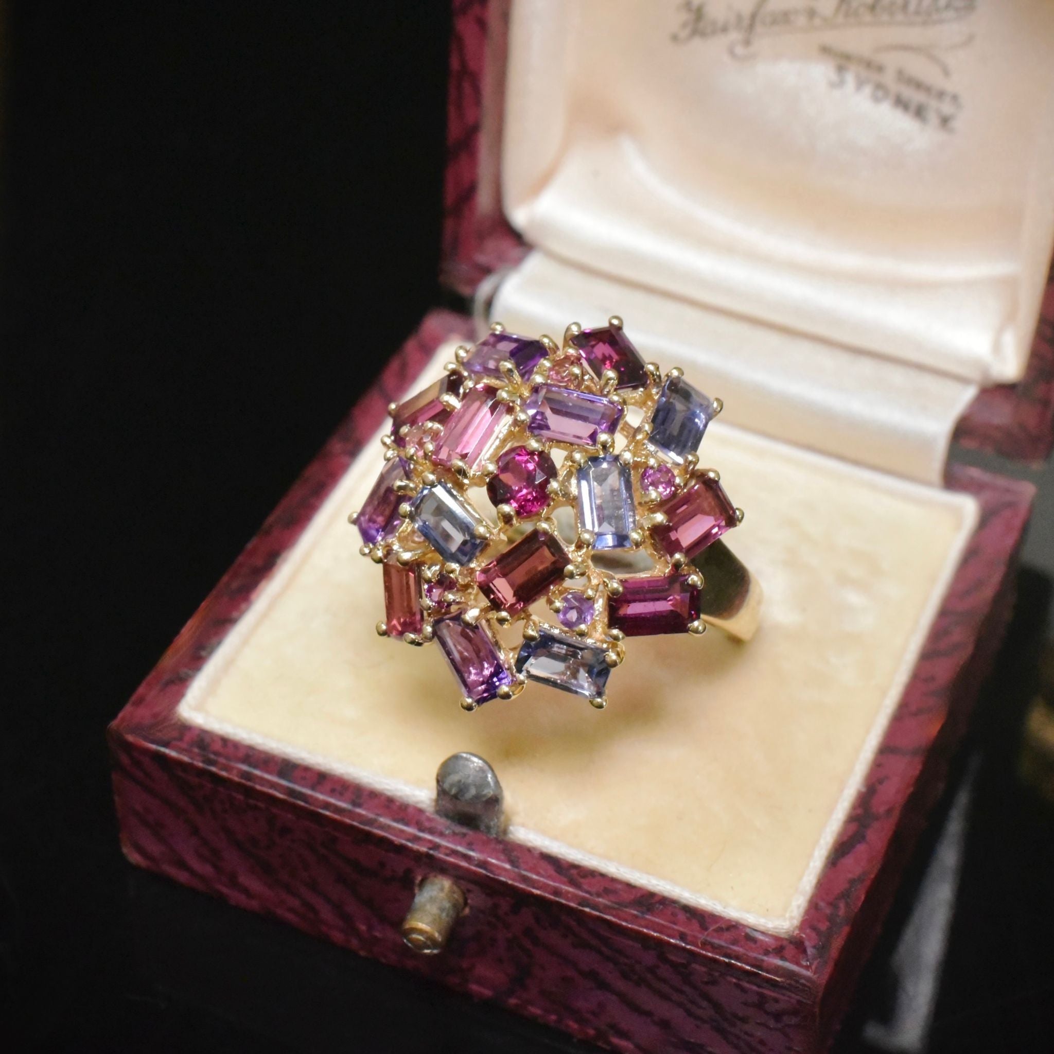 Stunning 9ct Yellow Gold Amethyst, Garnet And Iolite Ring - London 2004