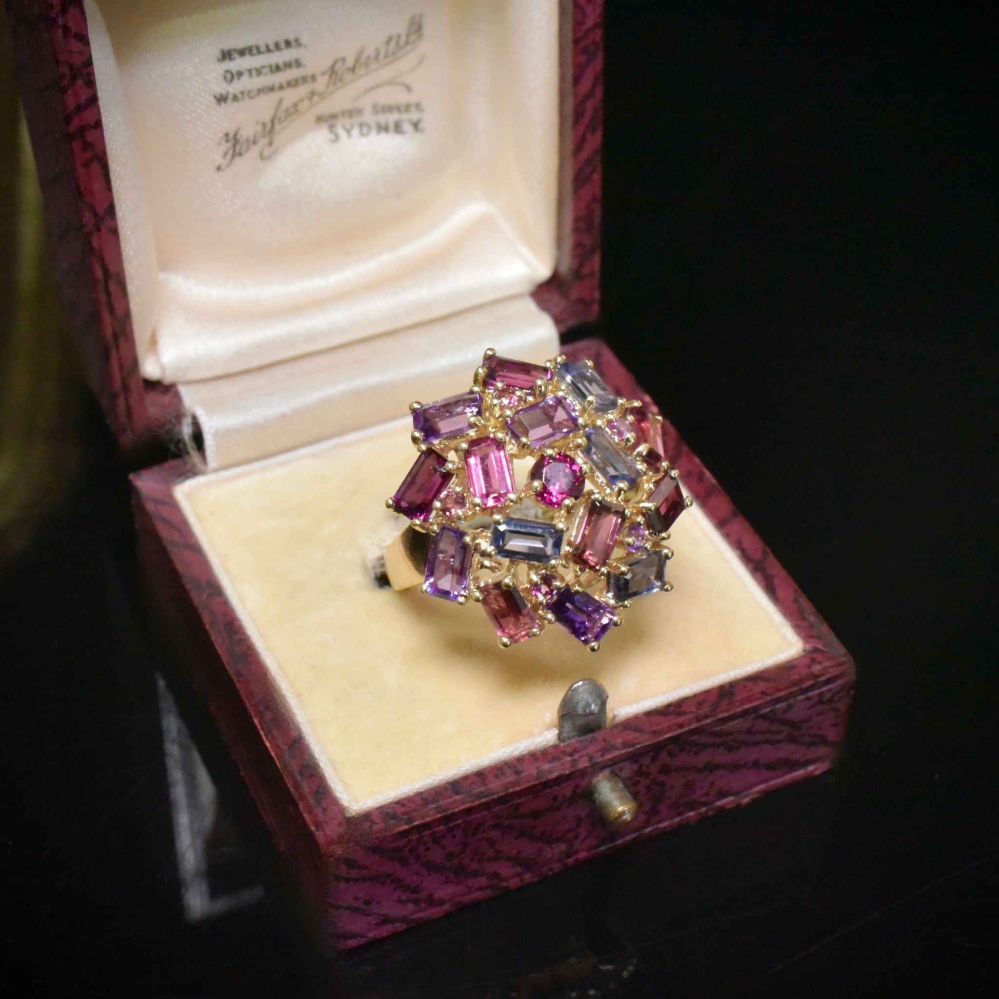 Stunning 9ct Yellow Gold Amethyst, Garnet And Iolite Ring - London 2004