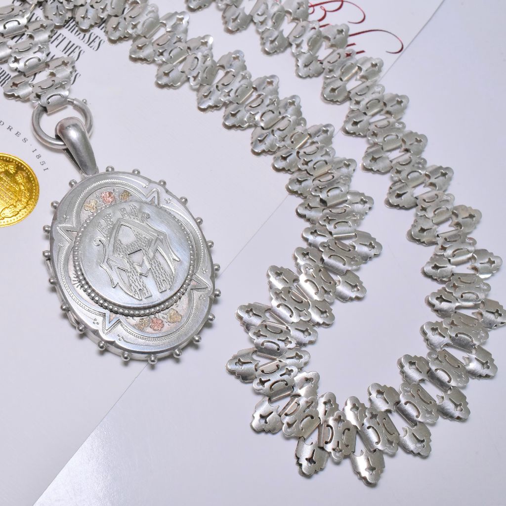 Antique Victorian Sterling Silver Locket And Associated Book Chain - Circa 1880-1900