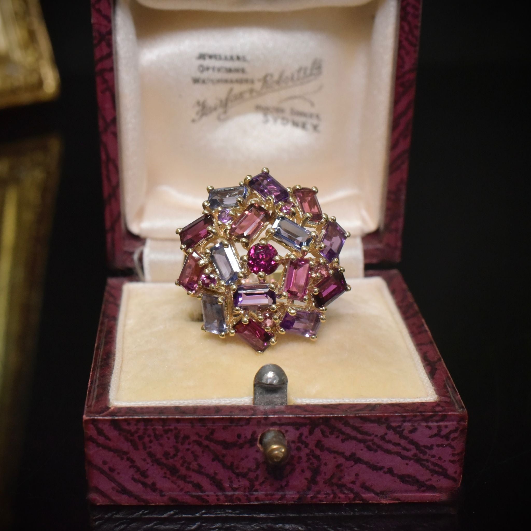 Stunning 9ct Yellow Gold Amethyst, Garnet And Iolite Ring - London 2004