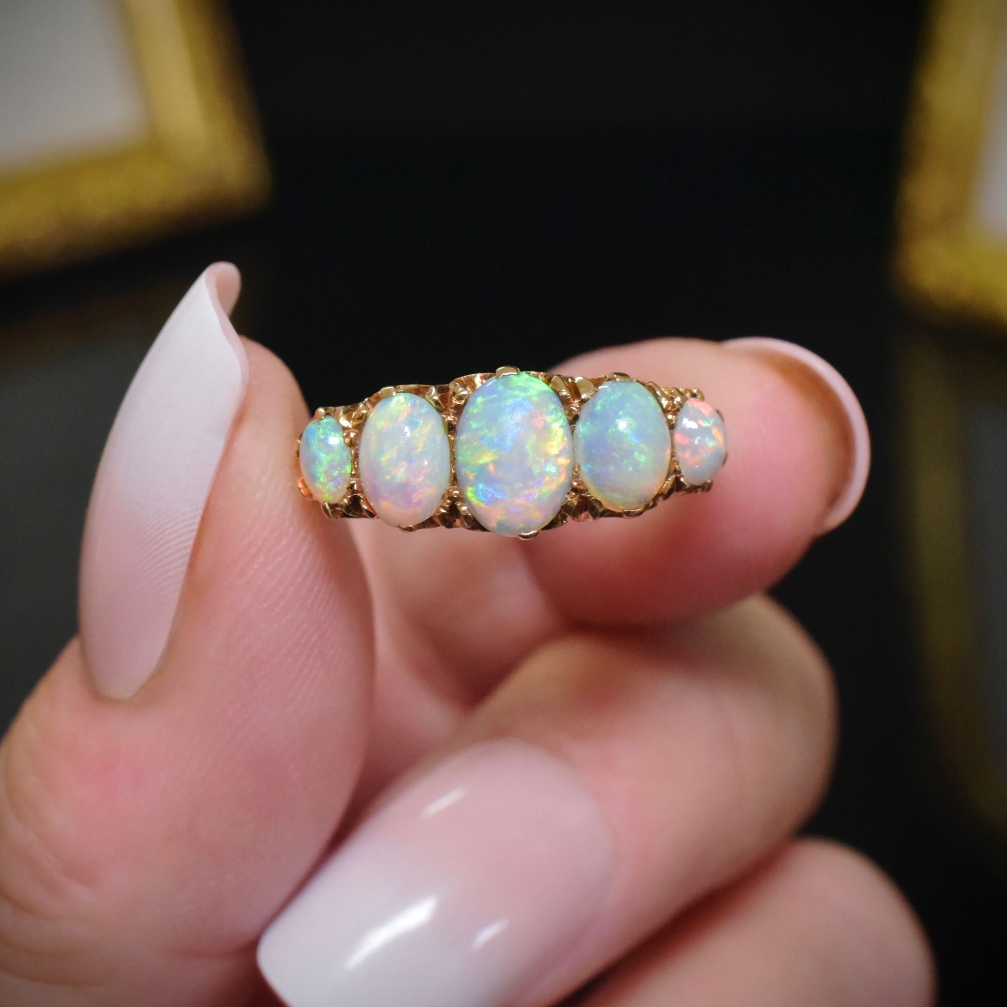 Antique Edwardian Australian 15ct Yellow Gold Solid Opal Half Hoop Ring - Circa 1900-1910