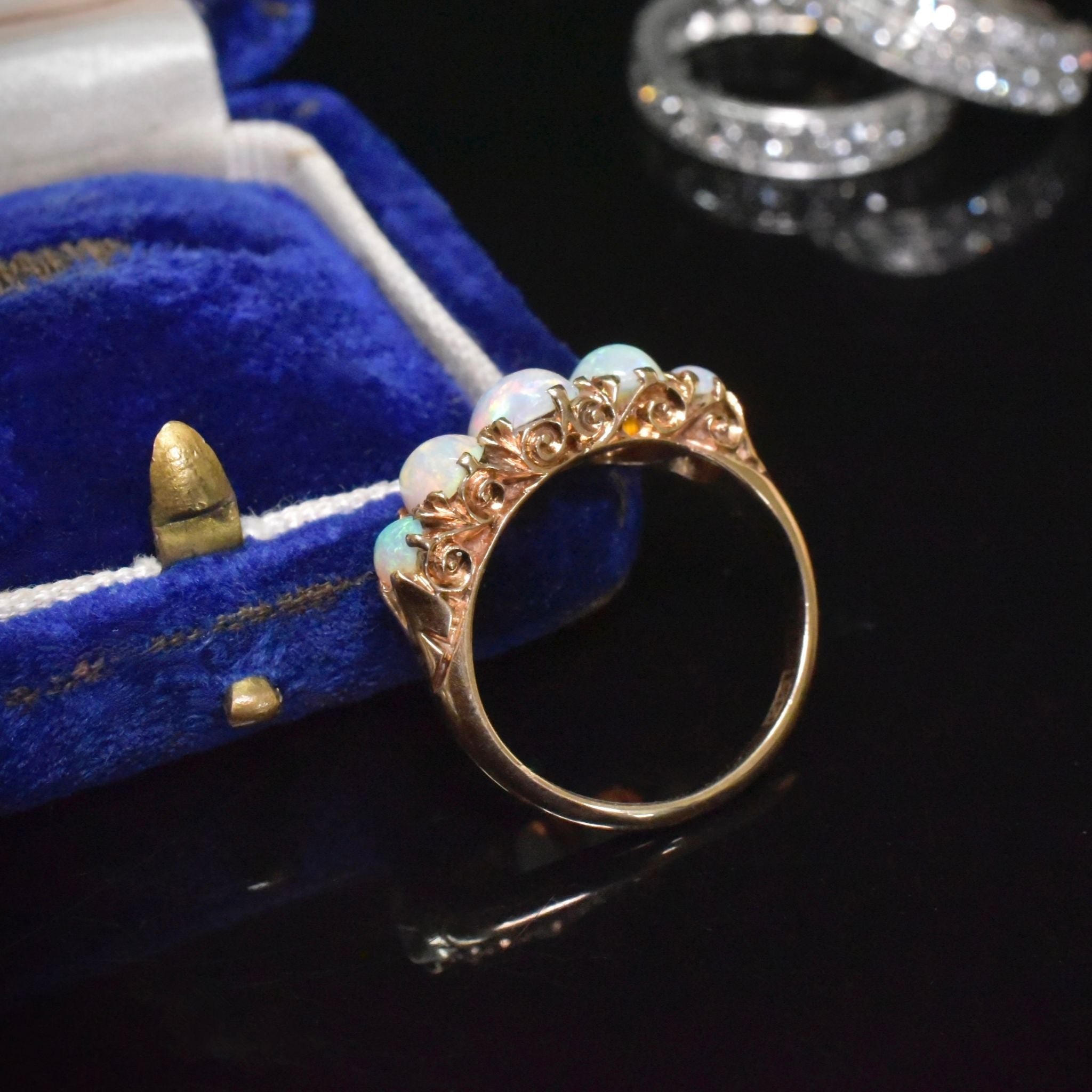 Antique Edwardian Australian 15ct Yellow Gold Solid Opal Half Hoop Ring - Circa 1900-1910