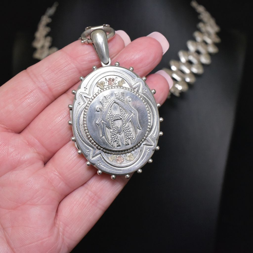 Antique Victorian Sterling Silver Locket And Associated Book Chain - Circa 1880-1900