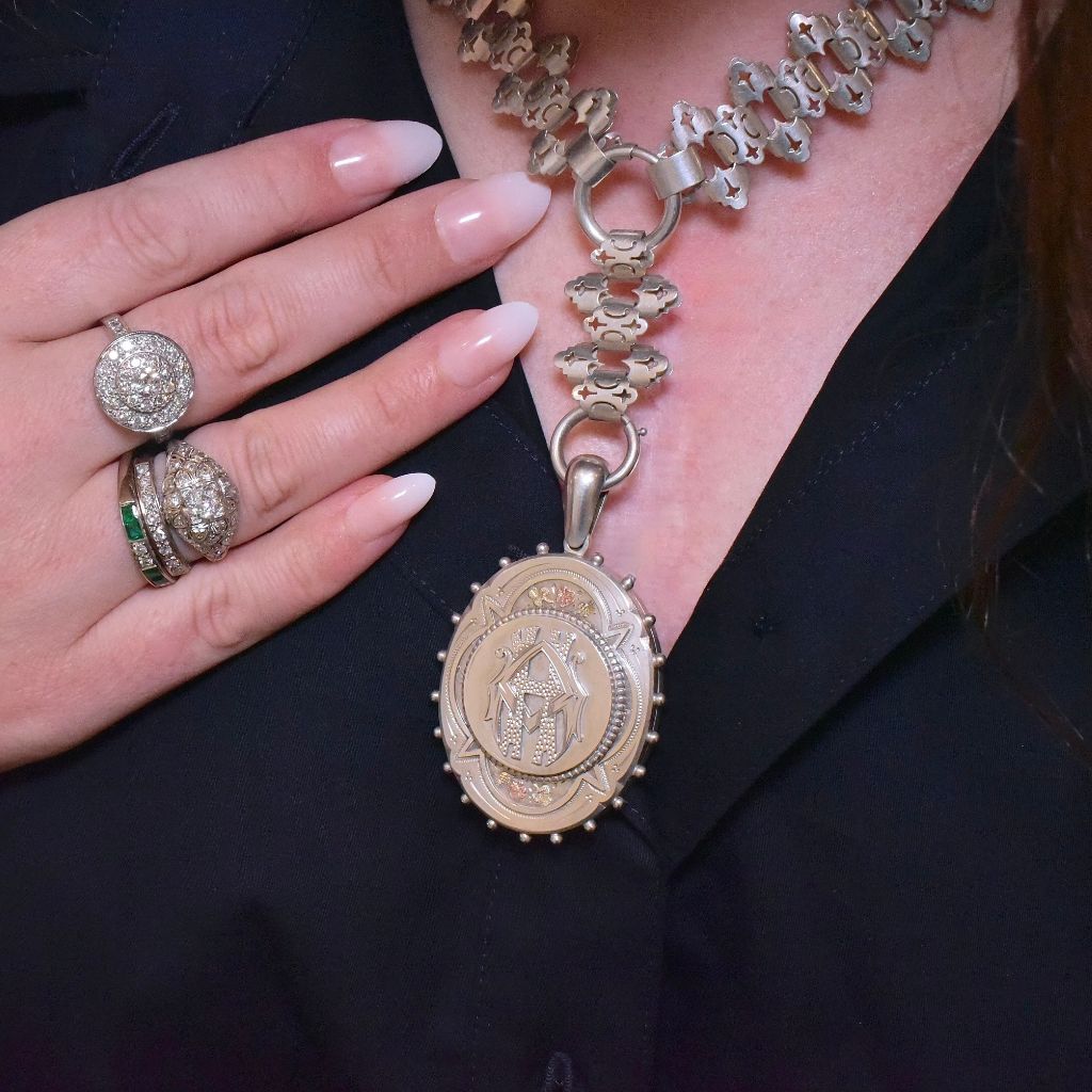 Antique Victorian Sterling Silver Locket And Associated Book Chain - Circa 1880-1900