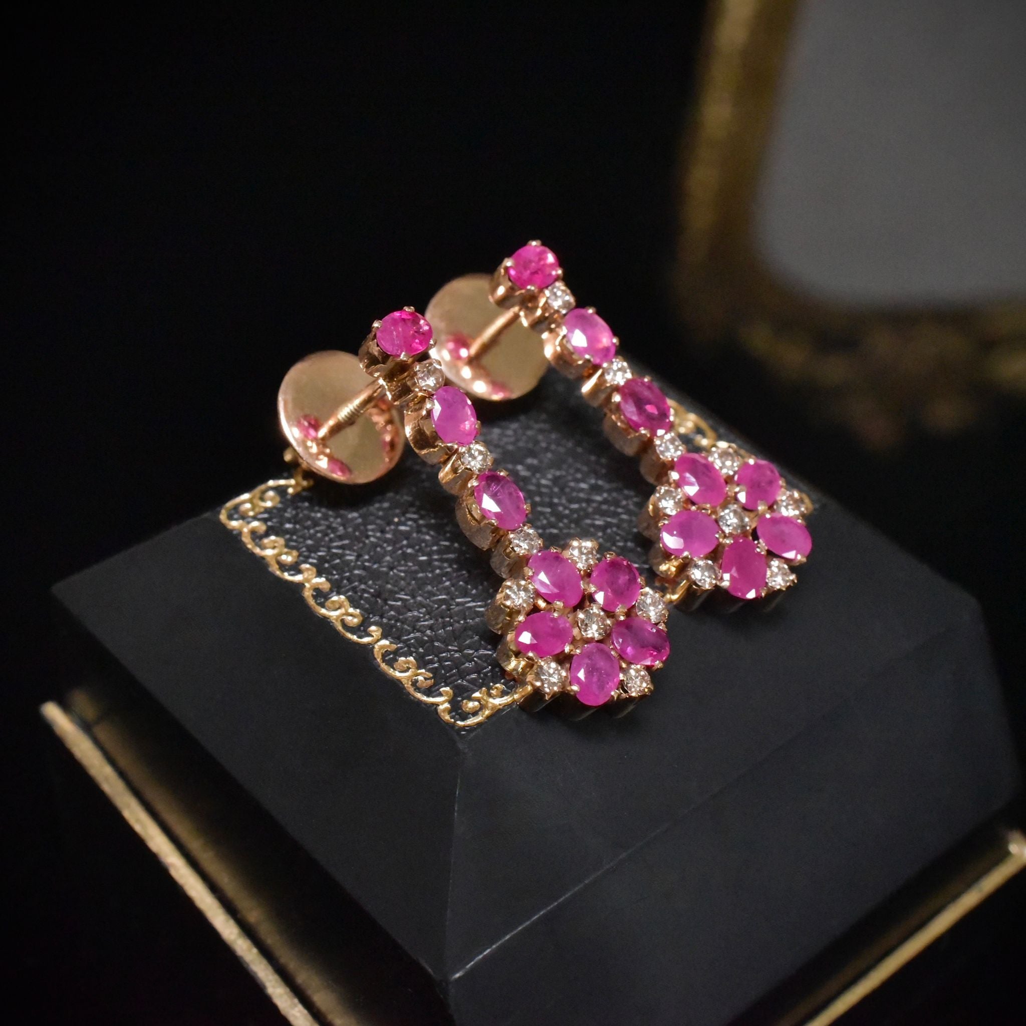 Fabulous 14ct Rose Gold Ruby And Champagne Diamond Earrings