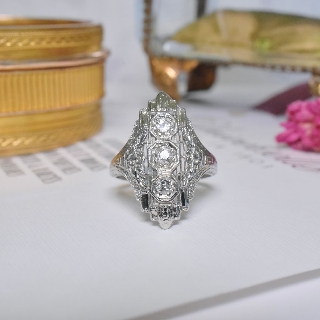 Antique Art Deco 18ct White Gold And Diamond ‘North To South’ /Dinner’ Ring Circa 1920-30’s