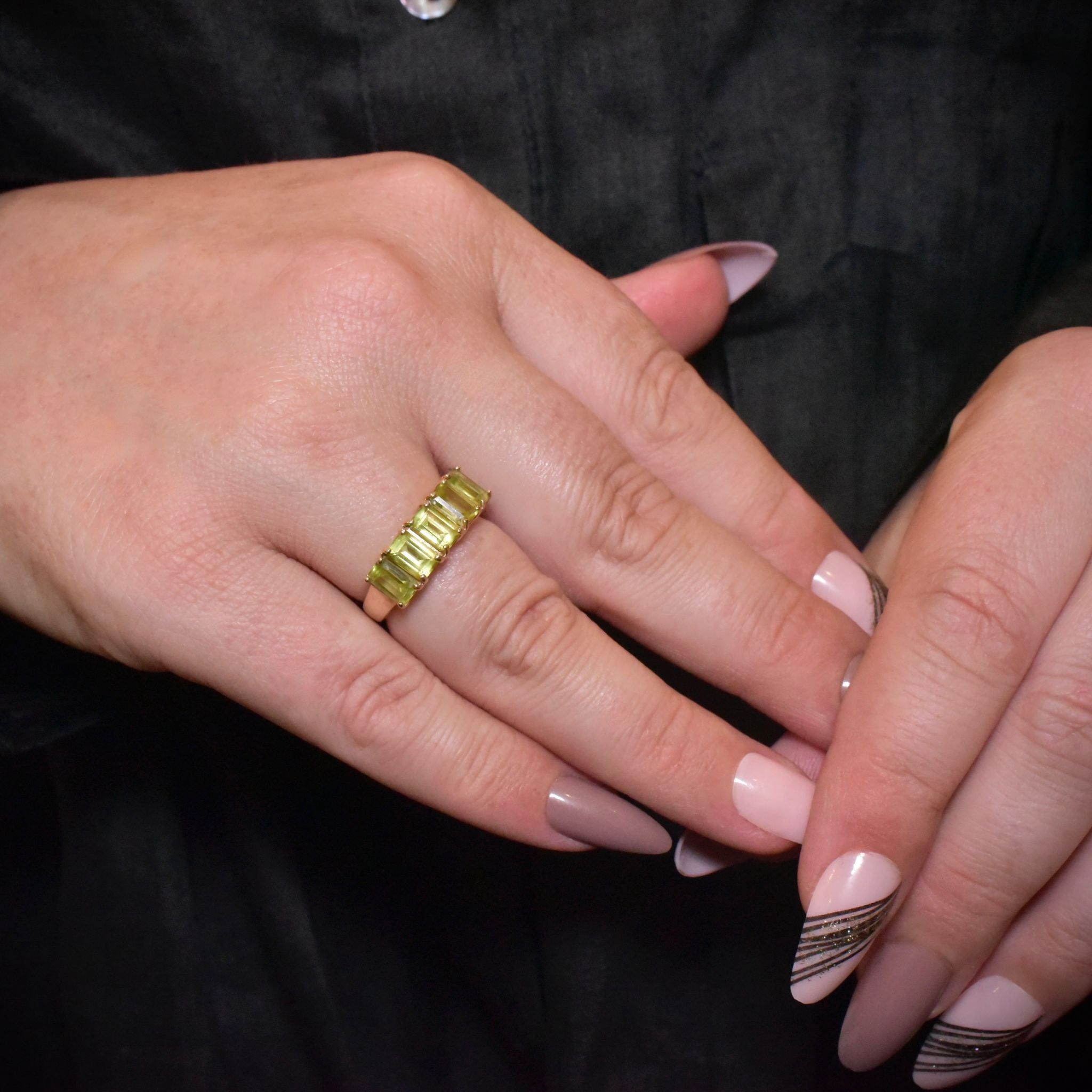 Charming 9ct Yellow Gold Emerald-Cut Peridot Half Hoop Ring