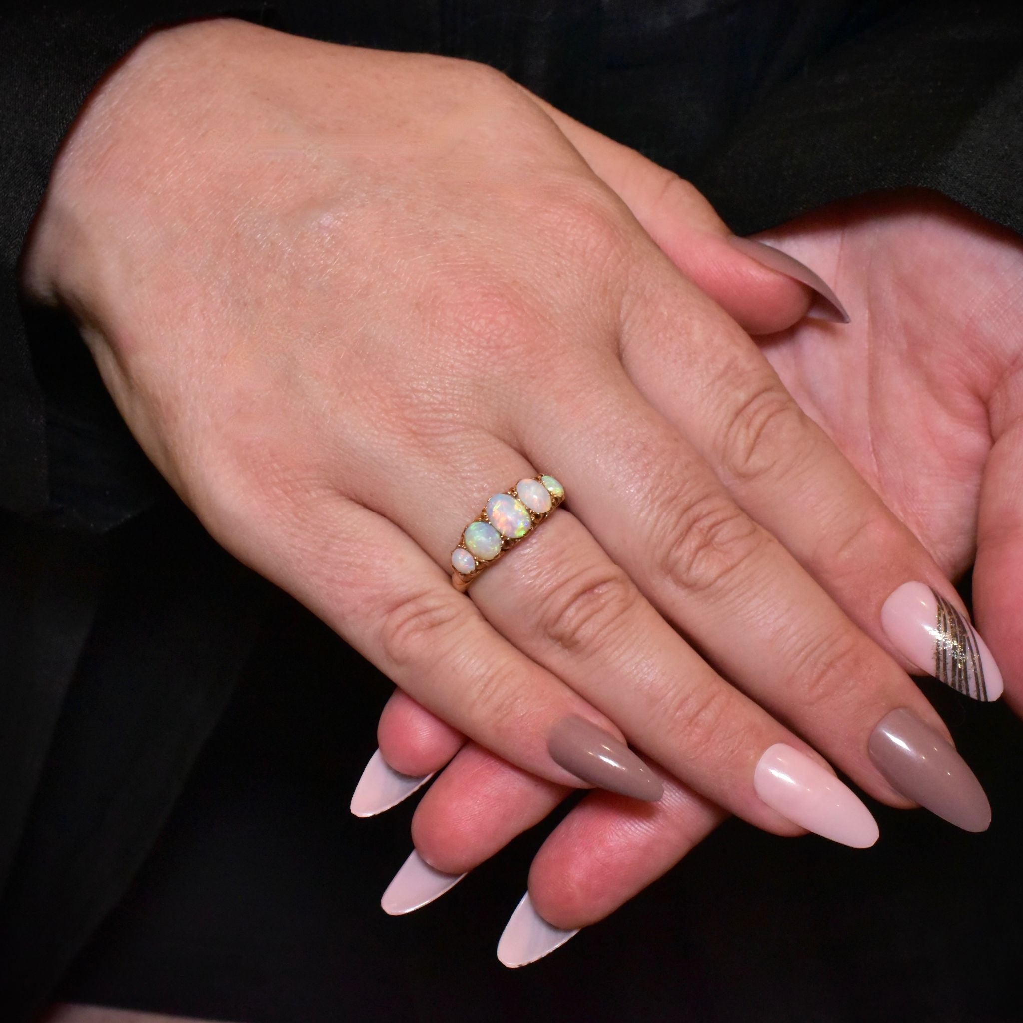 Antique Edwardian Australian 15ct Yellow Gold Solid Opal Half Hoop Ring - Circa 1900-1910