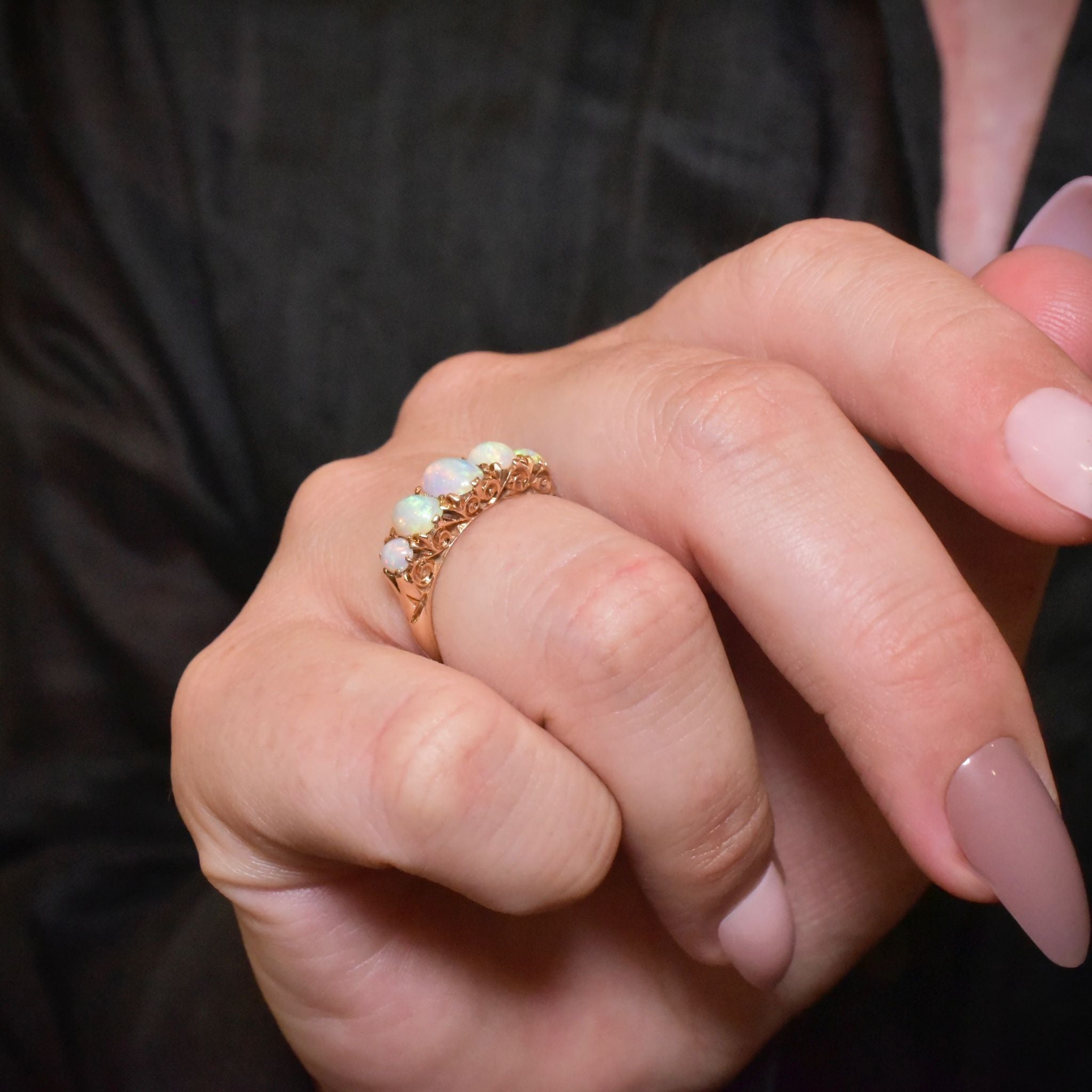 Antique Edwardian Australian 15ct Yellow Gold Solid Opal Half Hoop Ring - Circa 1900-1910