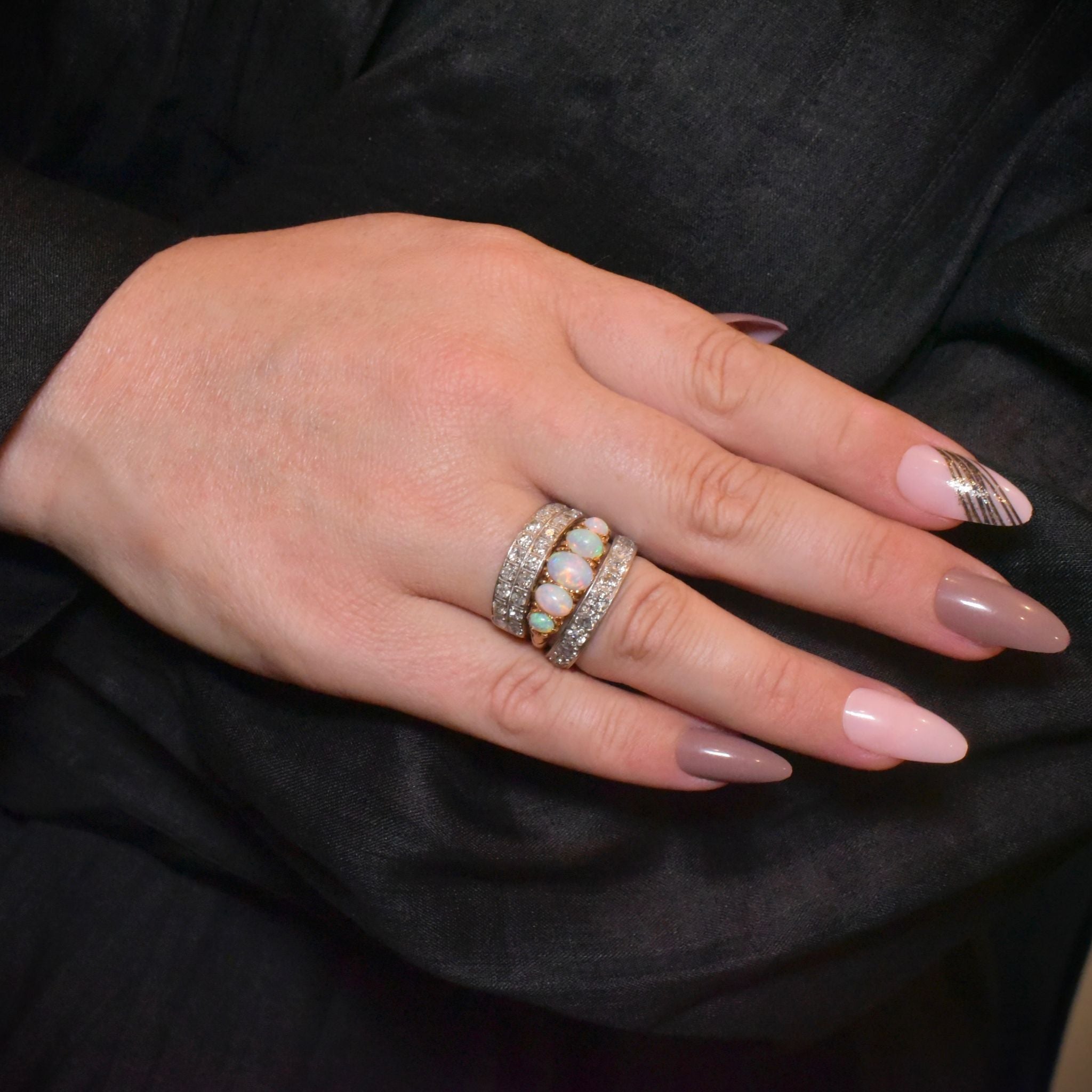 Antique Edwardian Australian 15ct Yellow Gold Solid Opal Half Hoop Ring - Circa 1900-1910