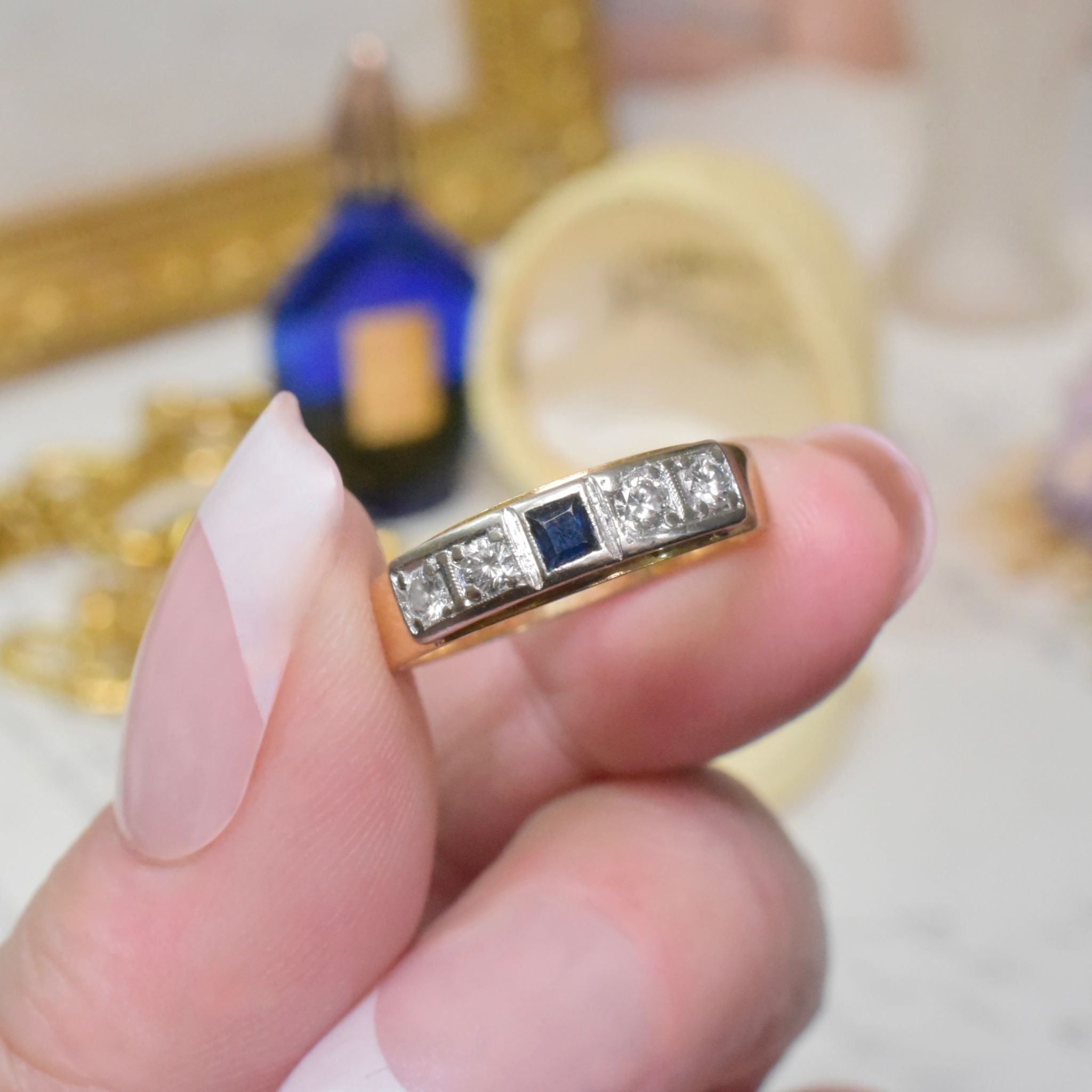 Vintage Australian 18ct Yellow Gold Diamond And Sapphire Ring Circa 1940-50