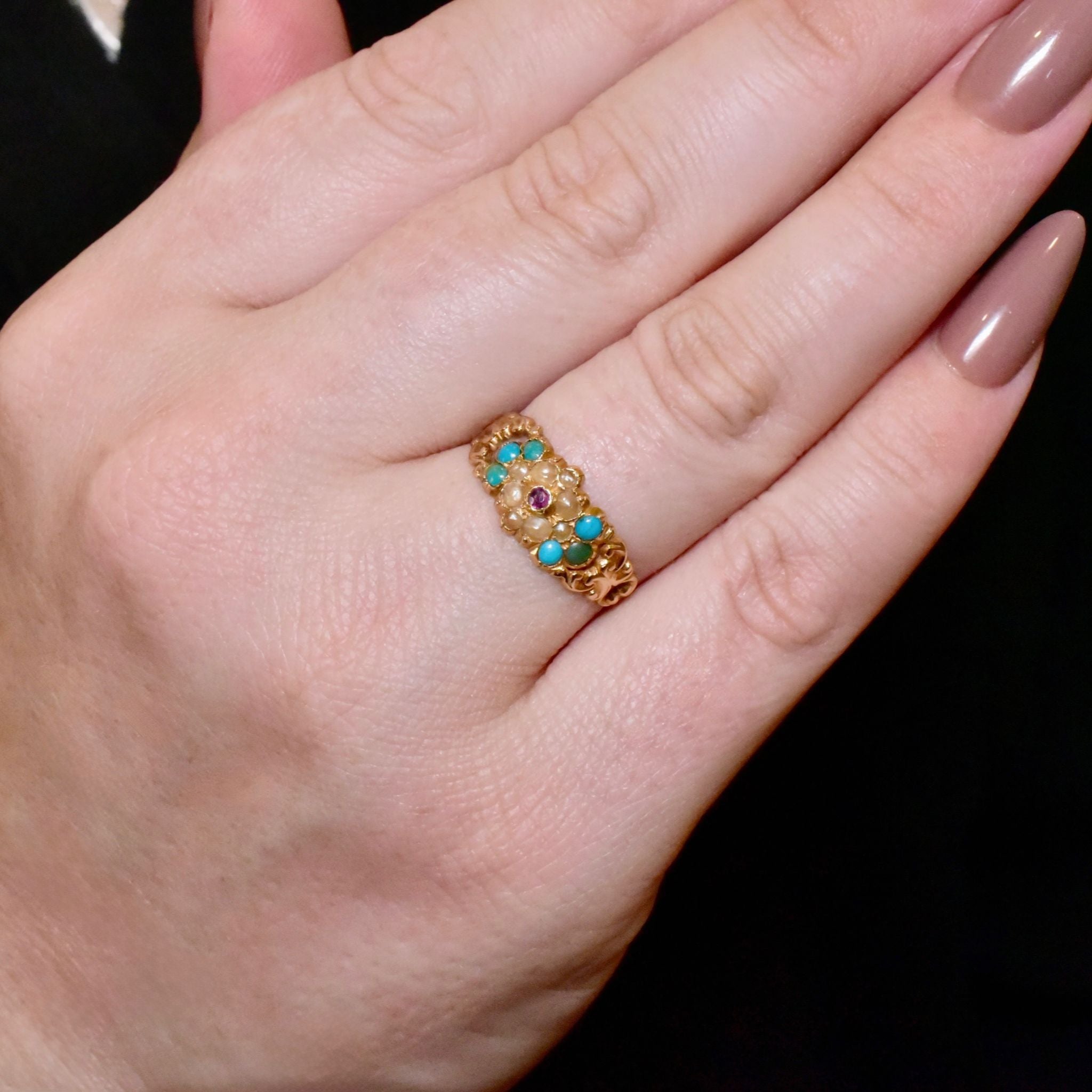 Antique Victorian 15ct (and 9ct ) Yellow Gold Ruby, Turquoise And Pearl Ring - Circa 1840-60’s