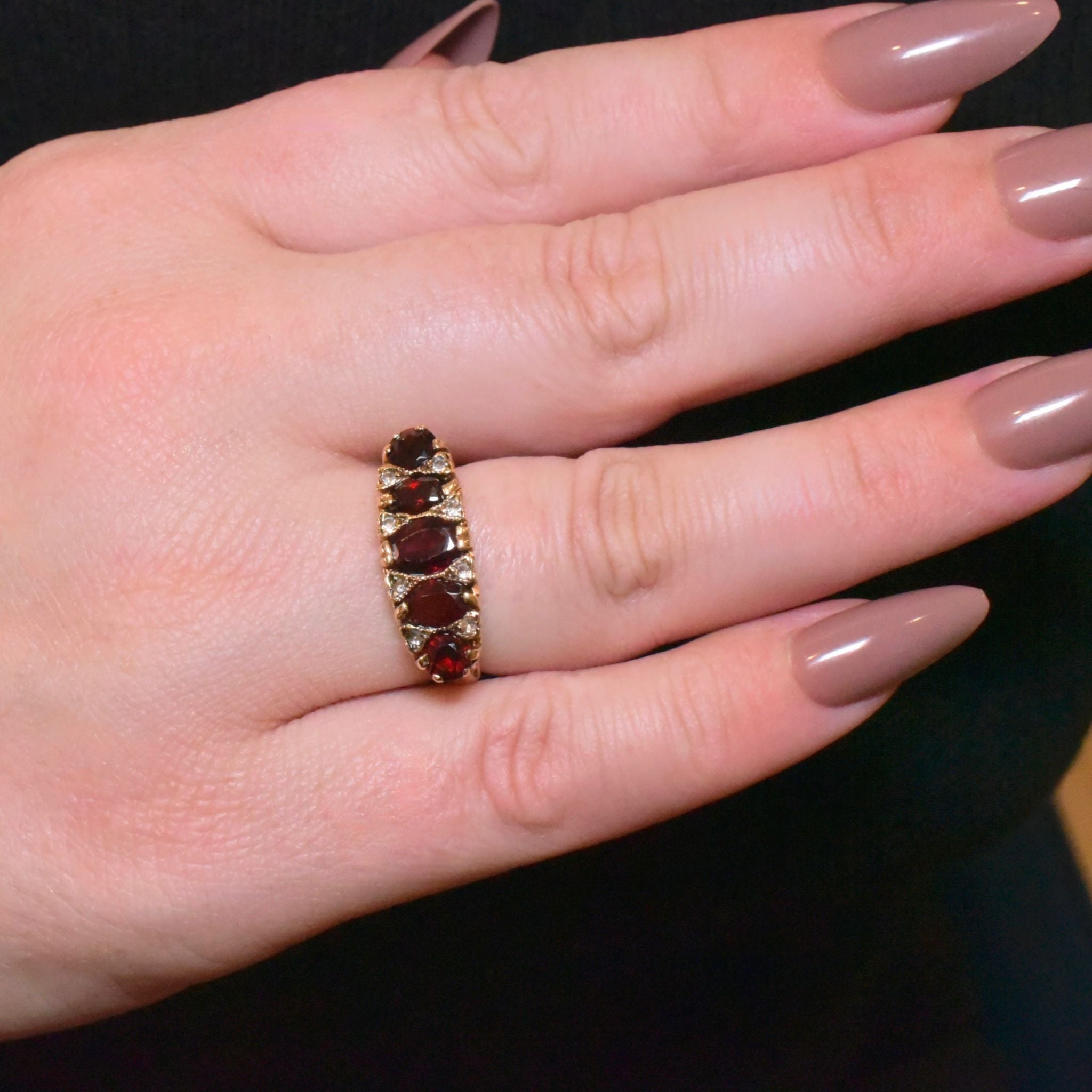 Vintage 9ct Yellow Gold Garnet And White Gem Ring - Birmingham 1977