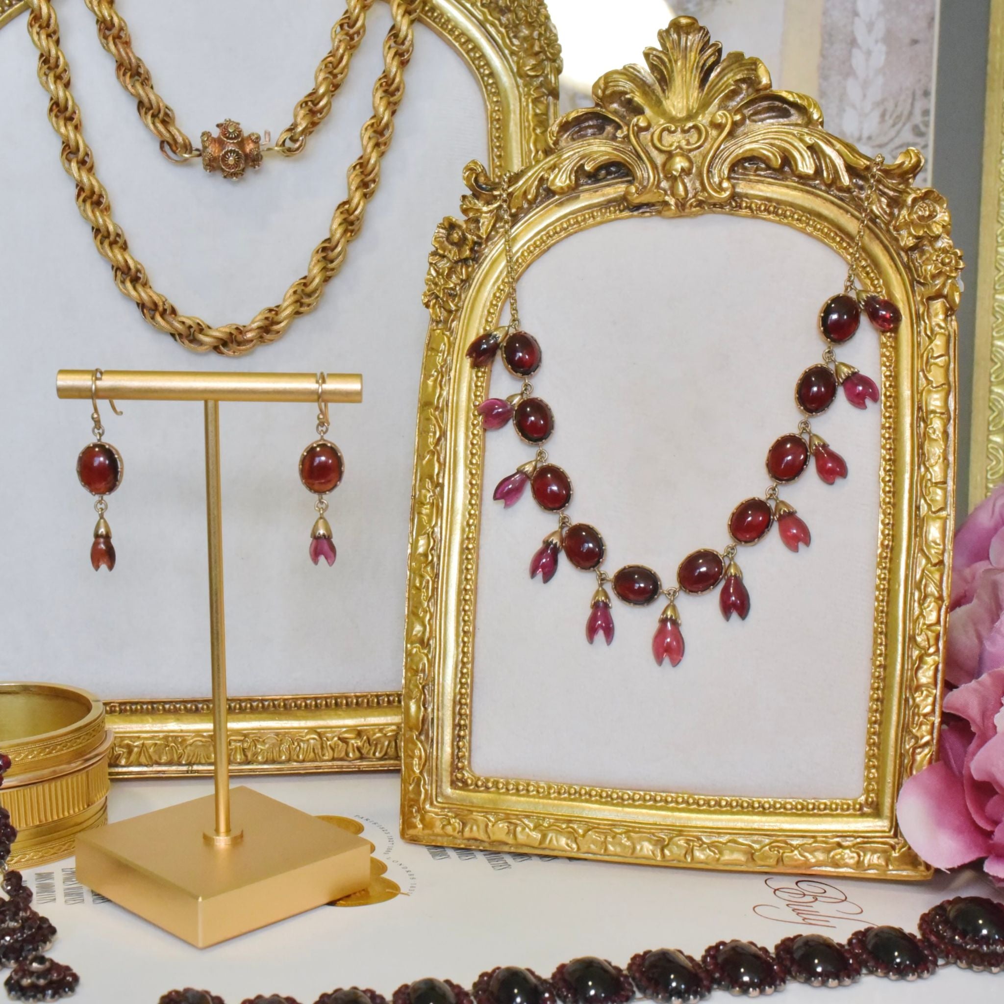 Antique 9ct Rose Gold Garnet Demi-Parure Fringe Necklace And Earrings Circa 1900-1910