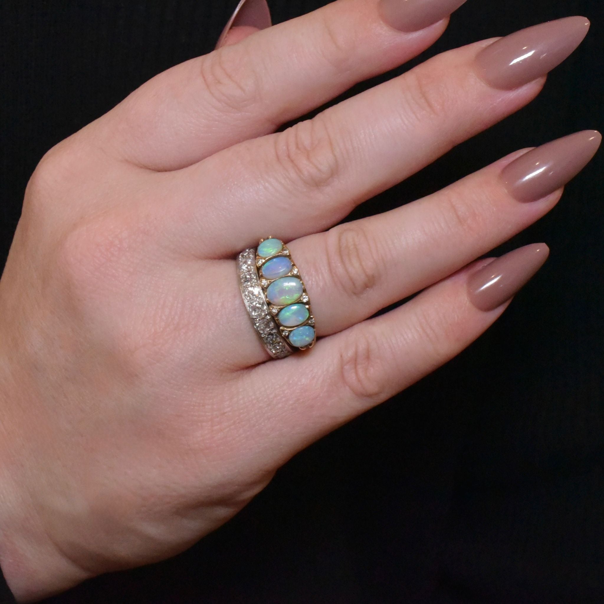 Vintage ‘Antique Style’ 9ct Yellow Gold Solid Opal And Diamond Ring London 1986